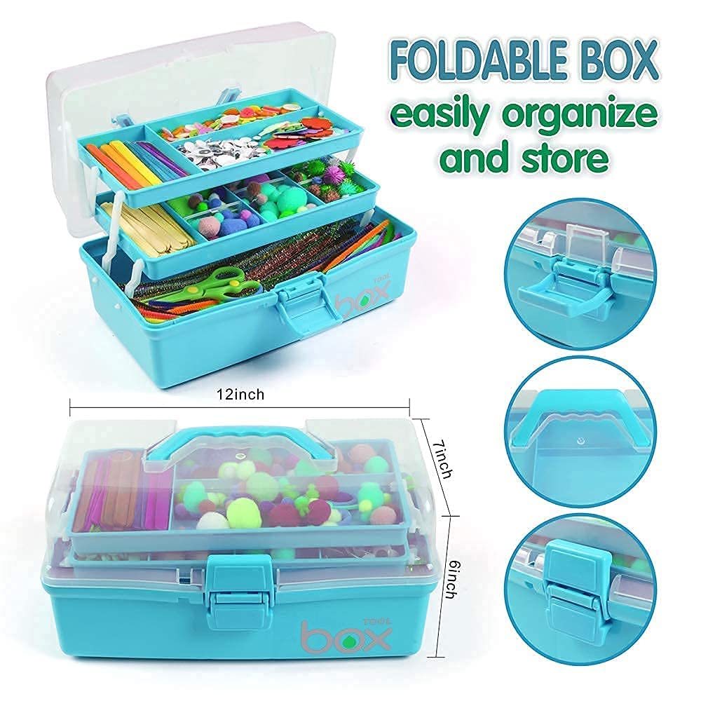 12in Three-Layer Multipurpose Storage Box - Foldable Organizer for Tools, Arts & Crafts, Sewing Supplies, Medicine & First Aid Kit with 2 Trays (Blue) | Perfect for Home, Office, Workshop & Travel Organization