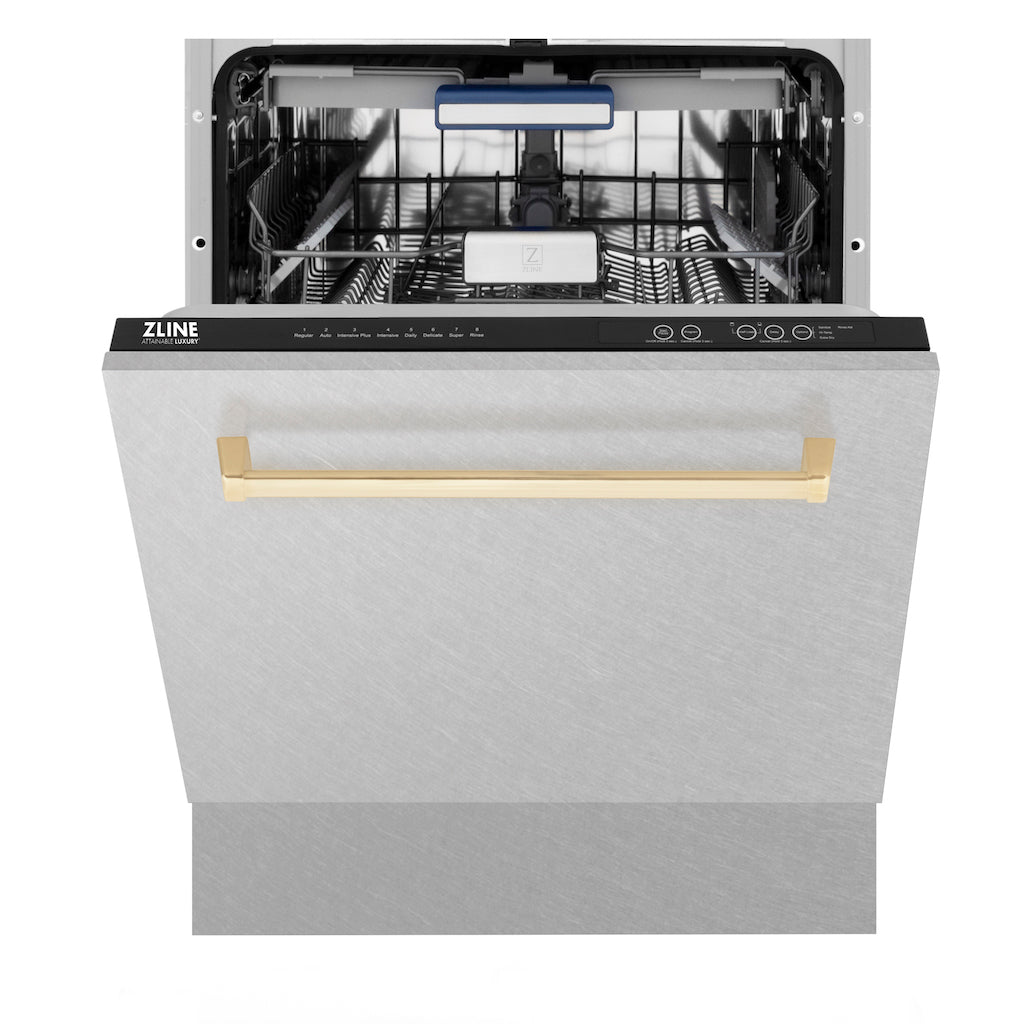 ZLINE Autograph Edition 24-inch Built-In Dishwasher with 3rd Rack - Satin Stainless Steel Panel & Polished Gold Handle - 51dBa Ultra Quiet - Perfect for Modern Kitchens & Open-Concept Homes (DWVZ SN 24 G)