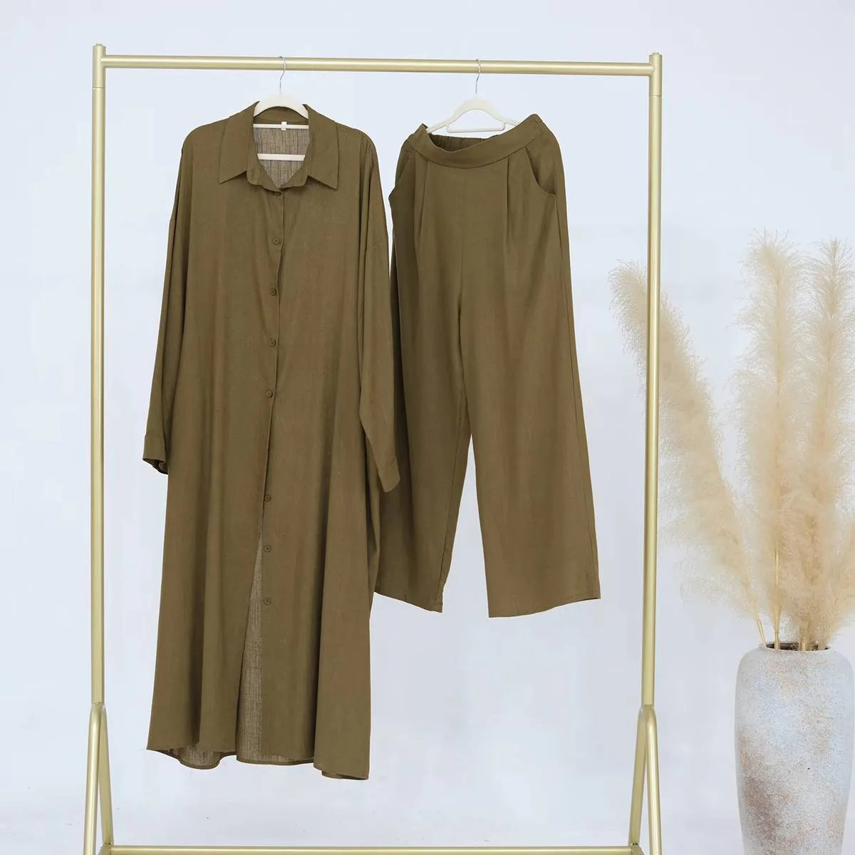 2-Piece Linen Cotton Blend Robe and Pants Set for Women - Comfortable Arab Style Lounge Wear - Perfect for Daily Use, Home Relaxation & Prayer Outfits