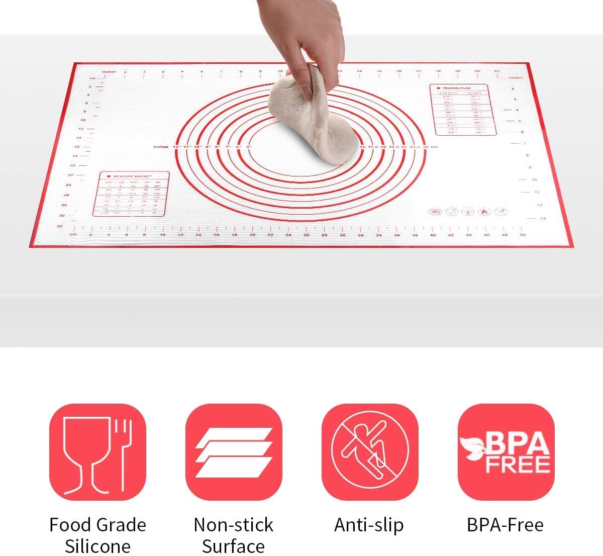 Non-Slip Silicone Pastry Mat - Thick Non-Stick Baking Mat for Rolling Dough, Pie Crust, Pizza & Cookies - Easy Clean Kneading Mat - Perfect for Home Bakers & Professional Chefs