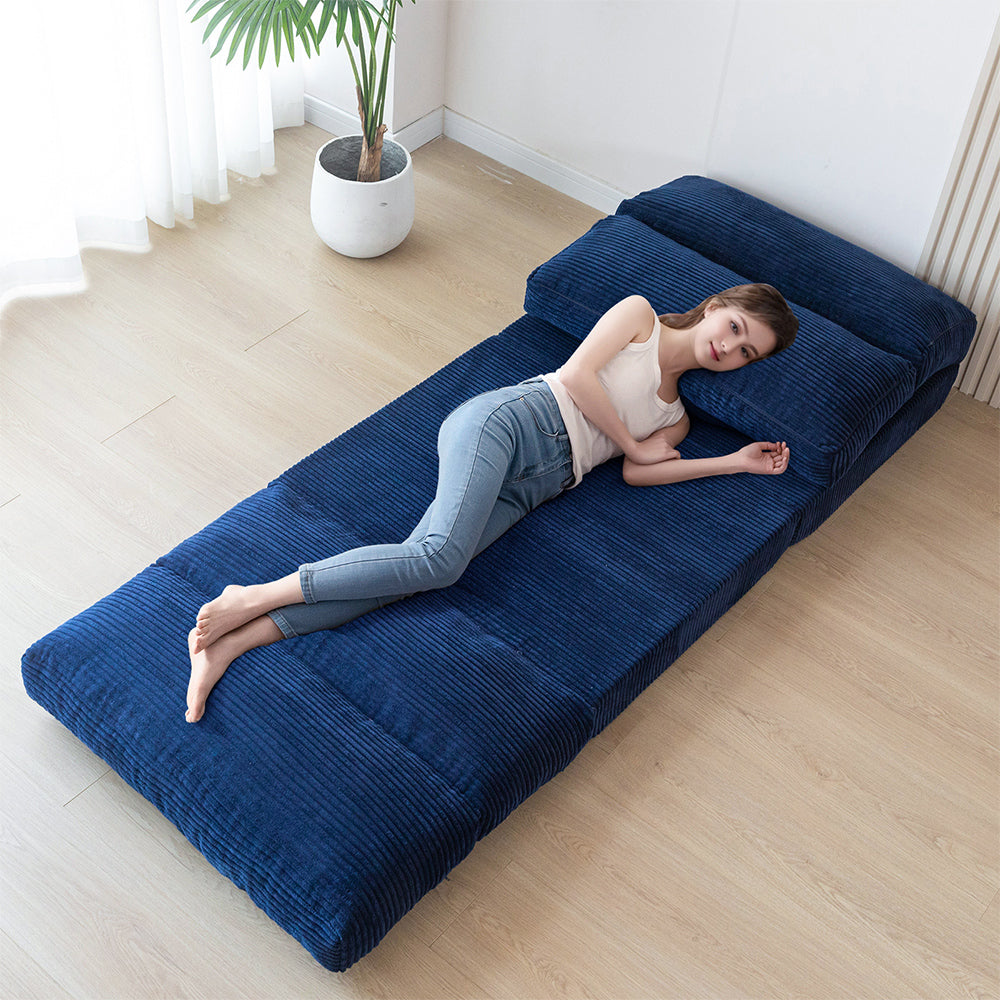 MAXYOYO Folding Sofa Bed - Extra Wide Corduroy Floor Mattress in Navy Blue | Convertible Sleeper for Small Spaces, Guest Room & Dorm | Comfortable Lounge Sofa for Living Room, Bedroom & Apartment