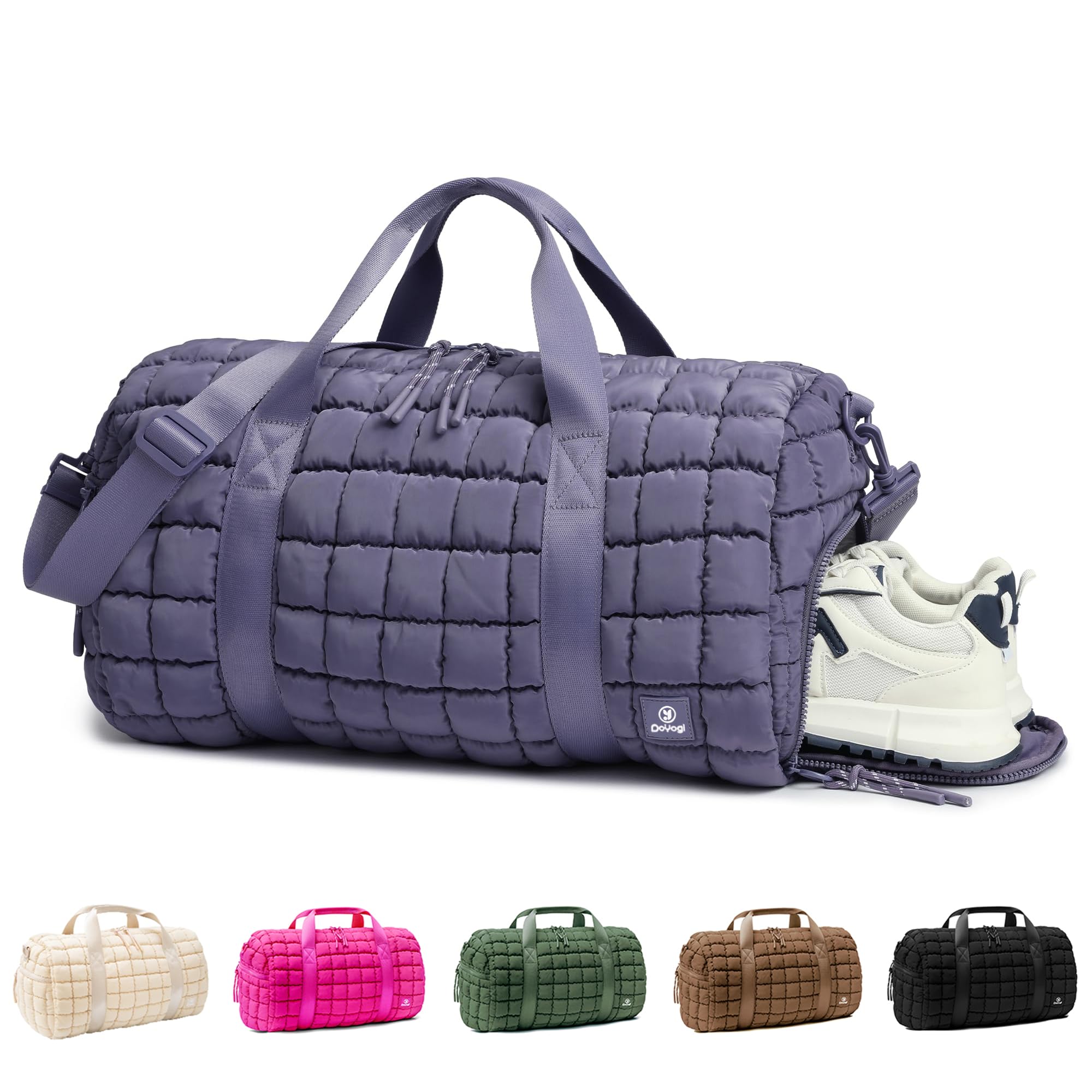 Quilted Gym Bag for Women - Large Duffle Travel Bag with Wet Pocket & Shoe Compartment - Purple Weekender Carry On Bag for Workout, Yoga, Gym, Travel & Weekend Getaways