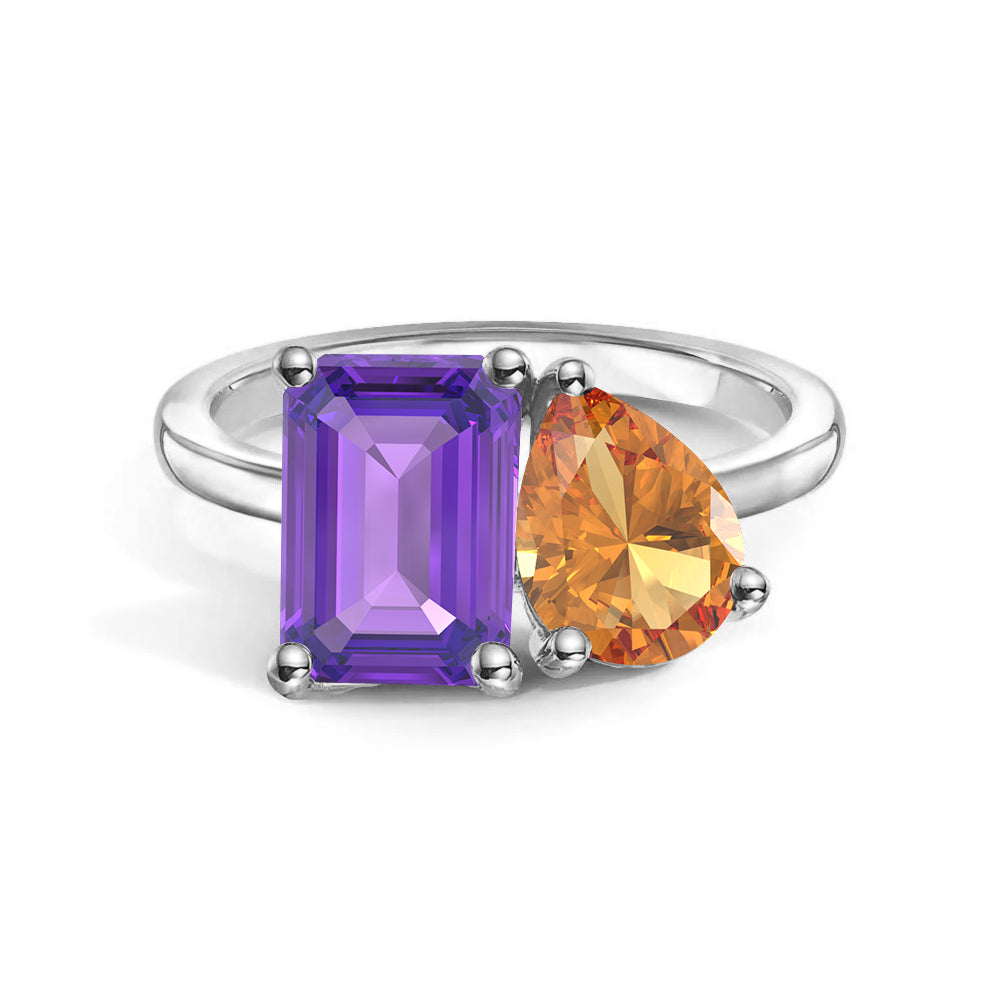 Personalized Toi et Moi Amethyst Birthstone Ring - Custom Anniversary Jewelry for Couples, Gift for Her, Romantic Proposal & Wedding Band