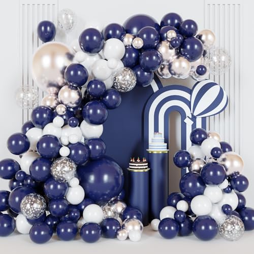 Navy Blue White Silver Balloons Arch