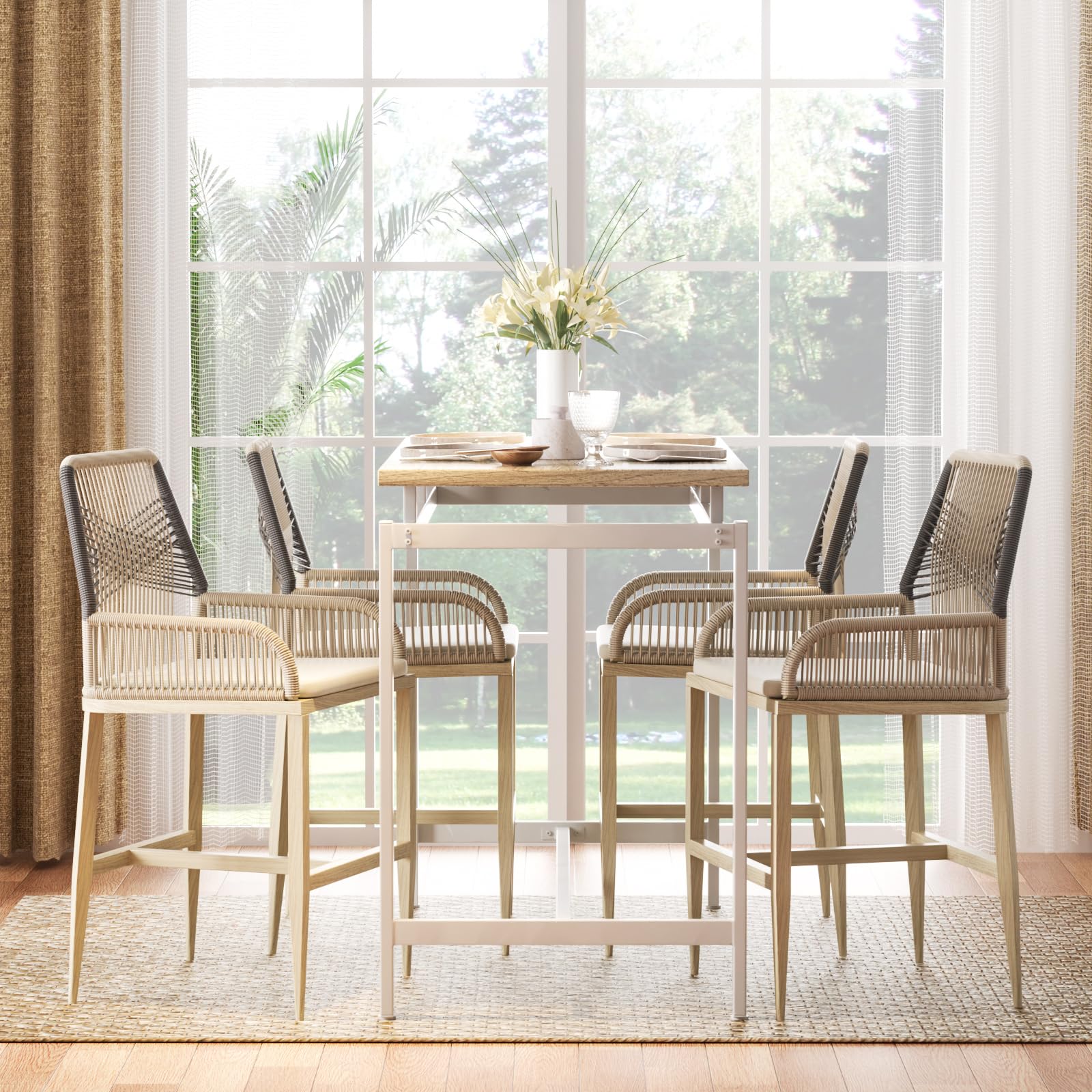 Modern Rattan Wicker Bar Stools Set of 2 - Counter Height Barstools with Backrest & Cushion, Grey - Perfect for Kitchen Island, Patio, Balcony, Poolside & Outdoor Dining Areas
