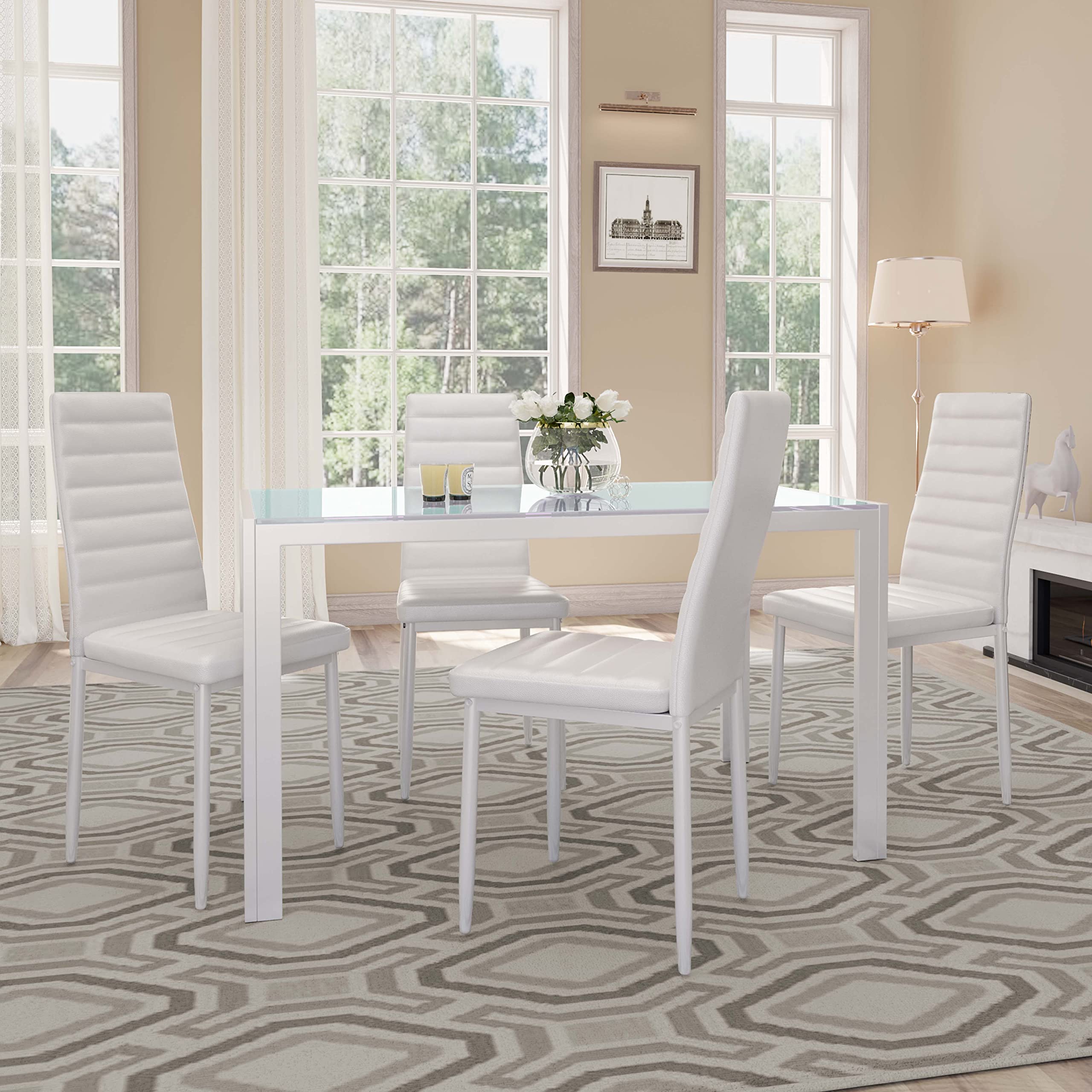 Gizoon 5-Piece Modern Glass Dining Table Set with PU Leather Chairs for 4, Perfect for Kitchen, Living Room, and Small Space Dining