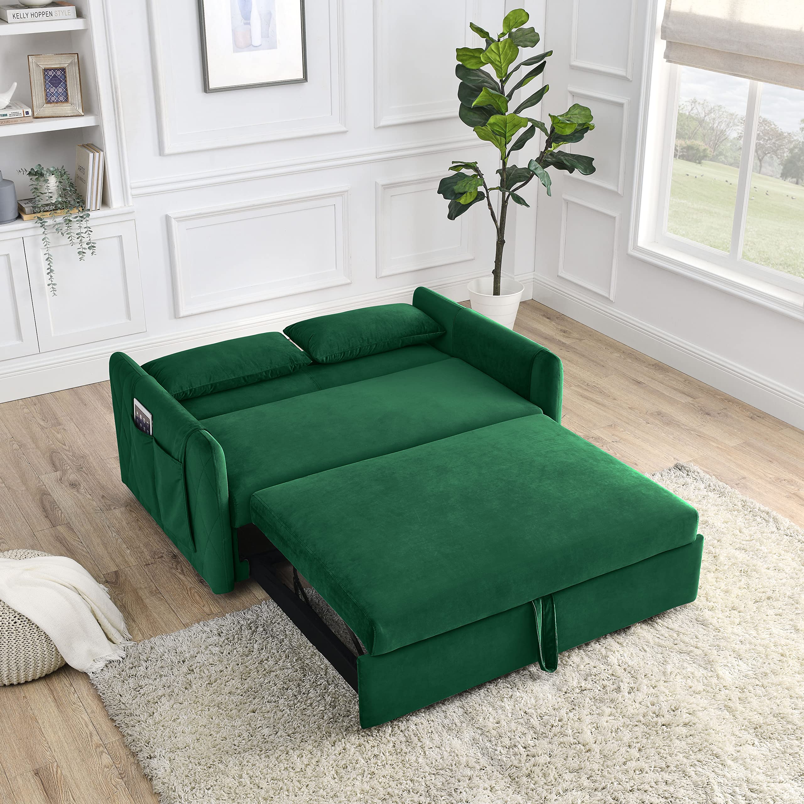 2-in-1 Pull Out Sofa Bed with 2 Pillows & Adjustable Backrest - Modern Velvet Convertible Couch Bed with Large Side Pockets for Living Room, Office & Small Spaces | Perfect for Guest Sleeping, Lounging & Space Saving (Blue)