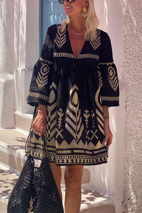 Elegant Gold Printed V-Neck Bell Sleeve Mini Dress for Women - Perfect for Parties, Date Nights & Special Occasions