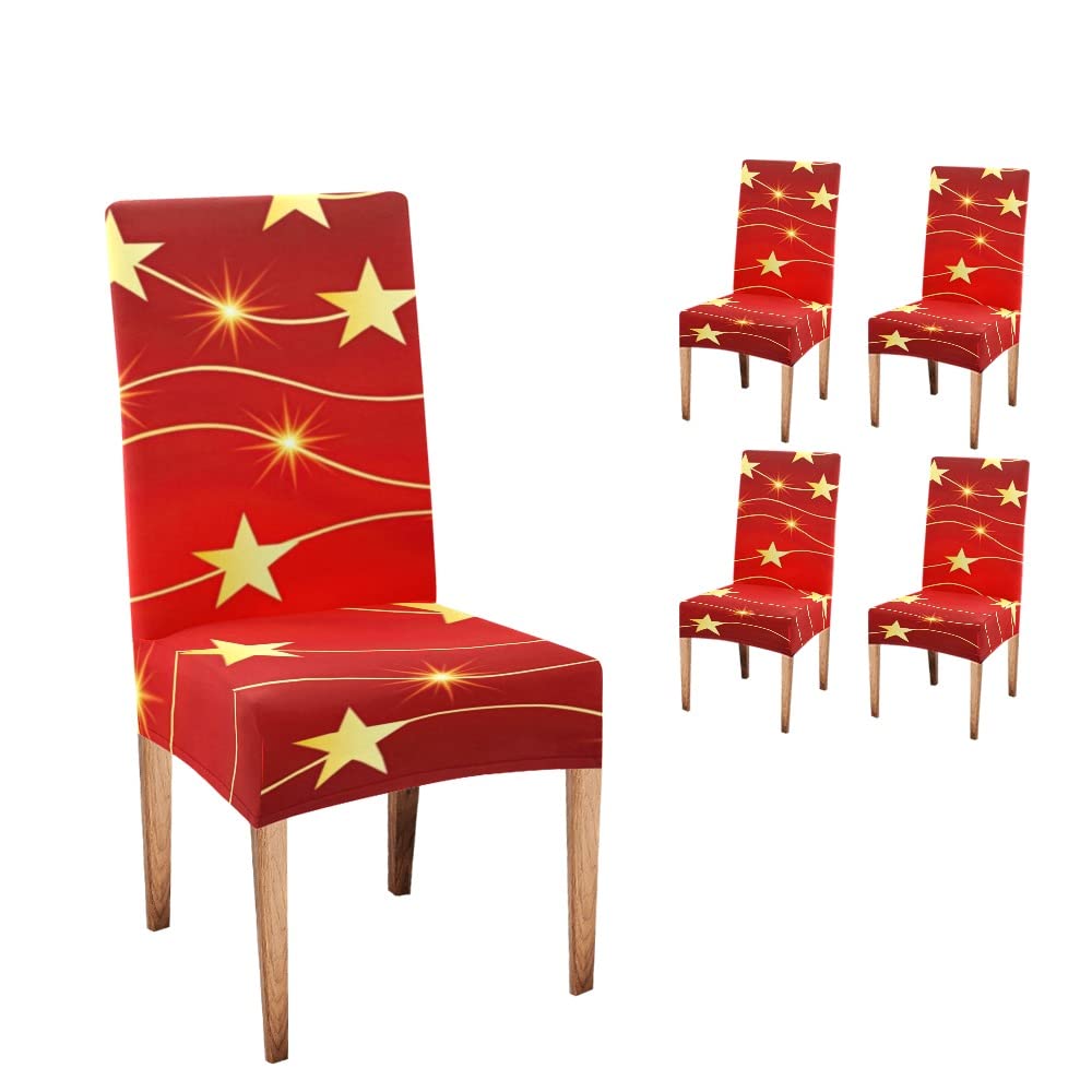 Gold & Red Christmas Star Print Stretchable Washable Dining Chair Covers - Set of 4, Removable Anti-Dust Slipcovers for Party, Kitchen & Holiday Decor Protection | Perfect for Christmas Dinner, Family Gatherings & Festive Home Decor