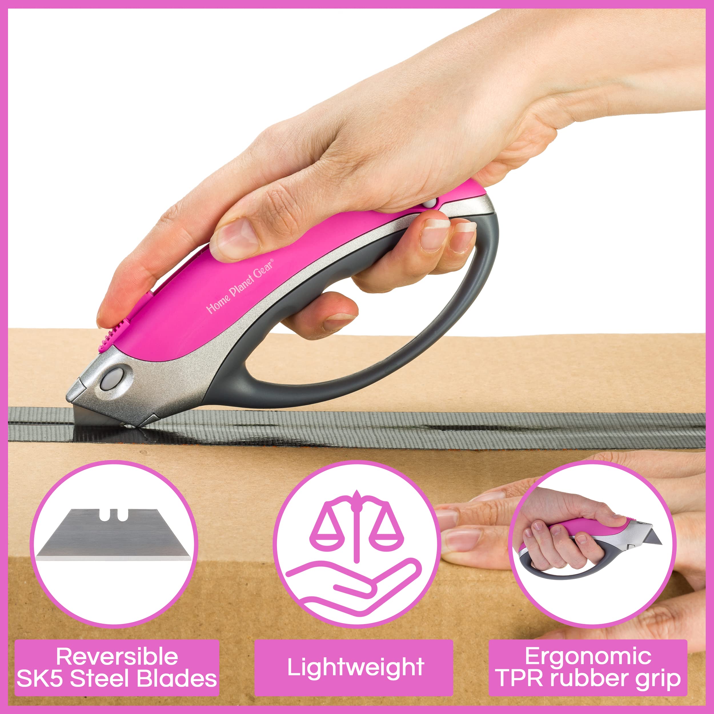 Heavy Duty Retractable Utility Knife - Pink Box Cutter with 5 Sharp Blades for Cardboard Cutting, Package Opening, Warehouse & Office Use