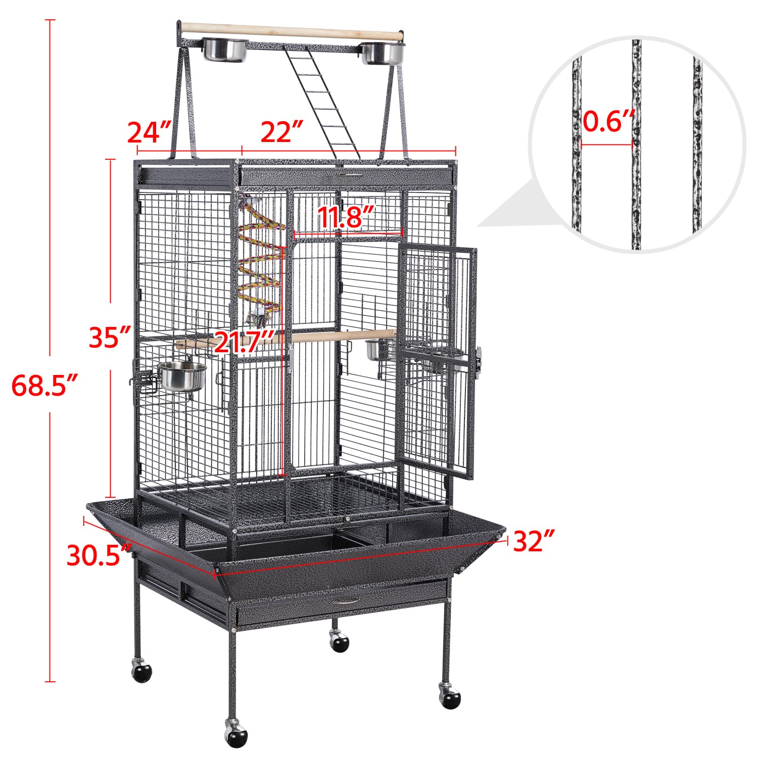 Yaheetech 69-inch Large Wrought Iron Rolling Parrot Cage for African Grey, Quaker, Amazon, Cockatiel, Sun Parakeet, Conure - Play Top Bird Cage with Stand for Home, Aviary, or Pet Store Use