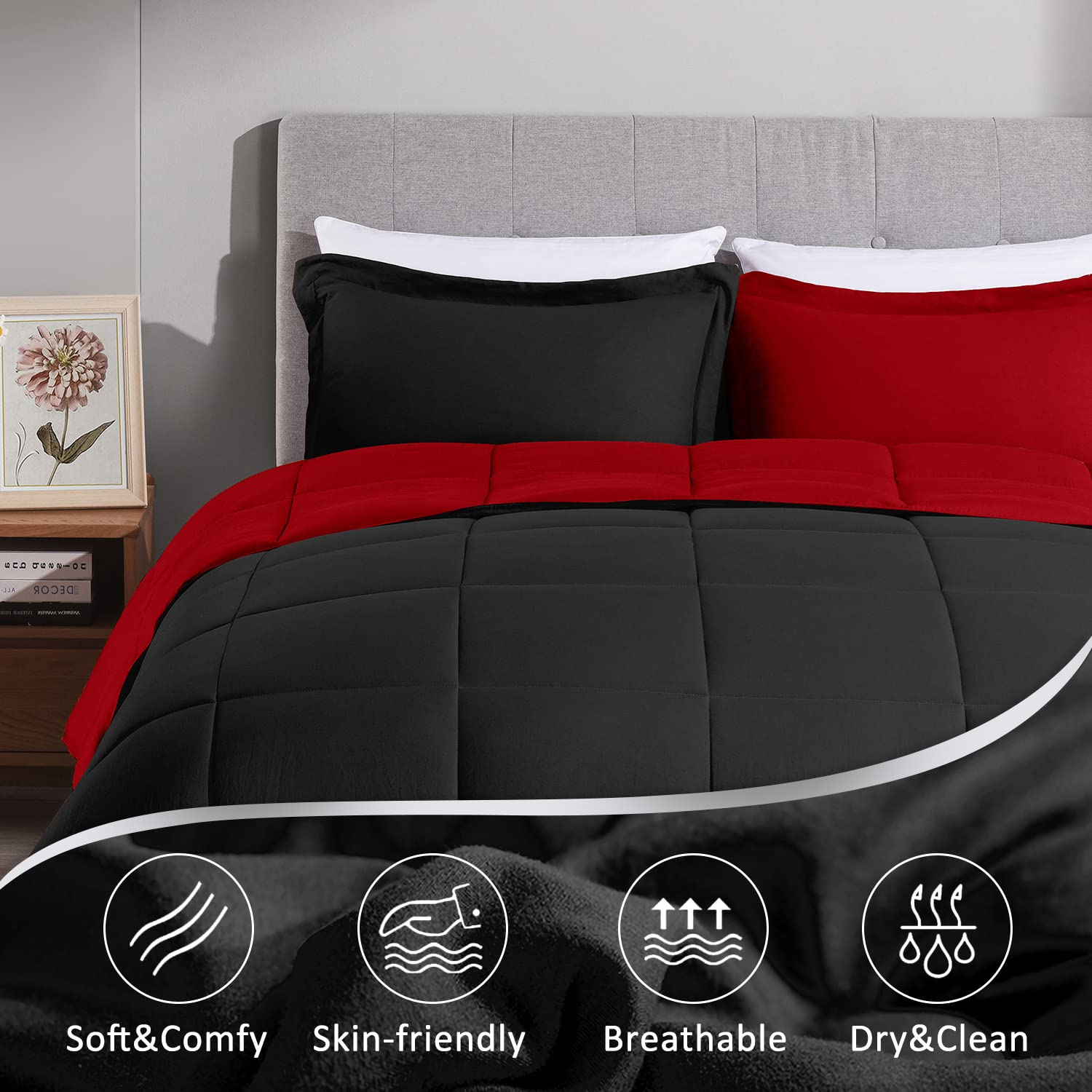 LOVTEX 3-Piece Queen Size Comforter Set - Ultra Soft Washed Microfiber Bedding, Reversible Black and Red Down Alternative Duvet Cover with 2 Pillow Shams - Perfect for Master Bedroom, Guest Room & Cozy Winter Nights (Red/Black)