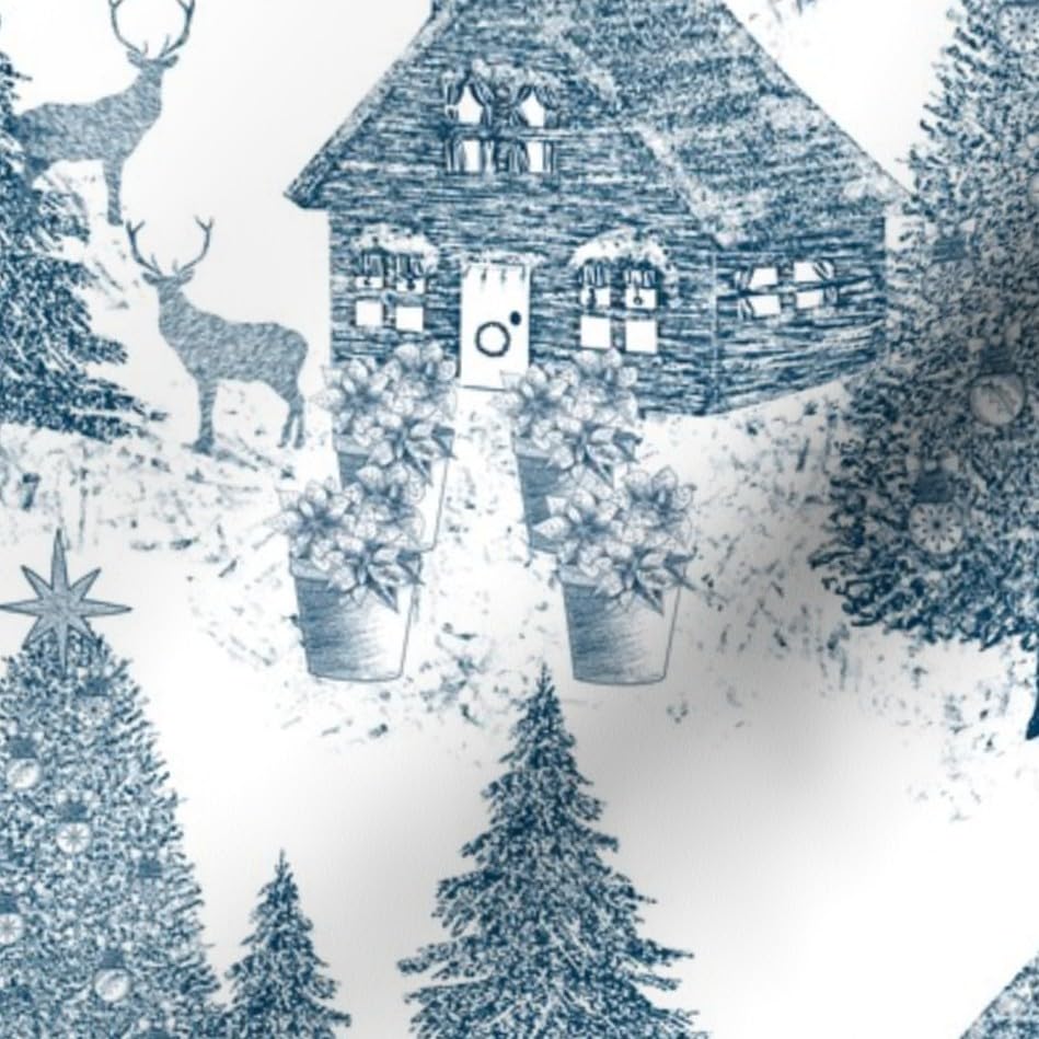 Christmas Village Toile Fabric - White & Blue Deer Snow Print on Organic Cotton Sateen by The Yard | Perfect for Sewing, Quilting, Apparel & Home Decor | Holiday Tablecloths, Curtains & DIY Christmas Crafts