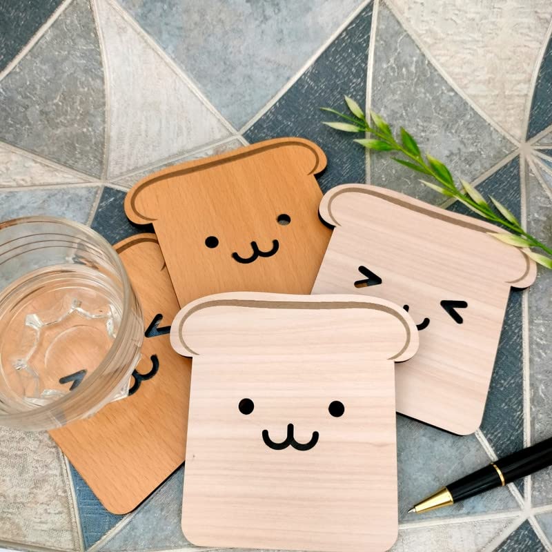 4-Piece Wooden Tea Coaster Set - Toast Bread Design - Premium MDF Wood Coasters for Hot & Cold Drinks - Perfect for Dining Table, Office Desk, Coffee Table & Home Decor - Cute Kitchen Accessories Gift Idea