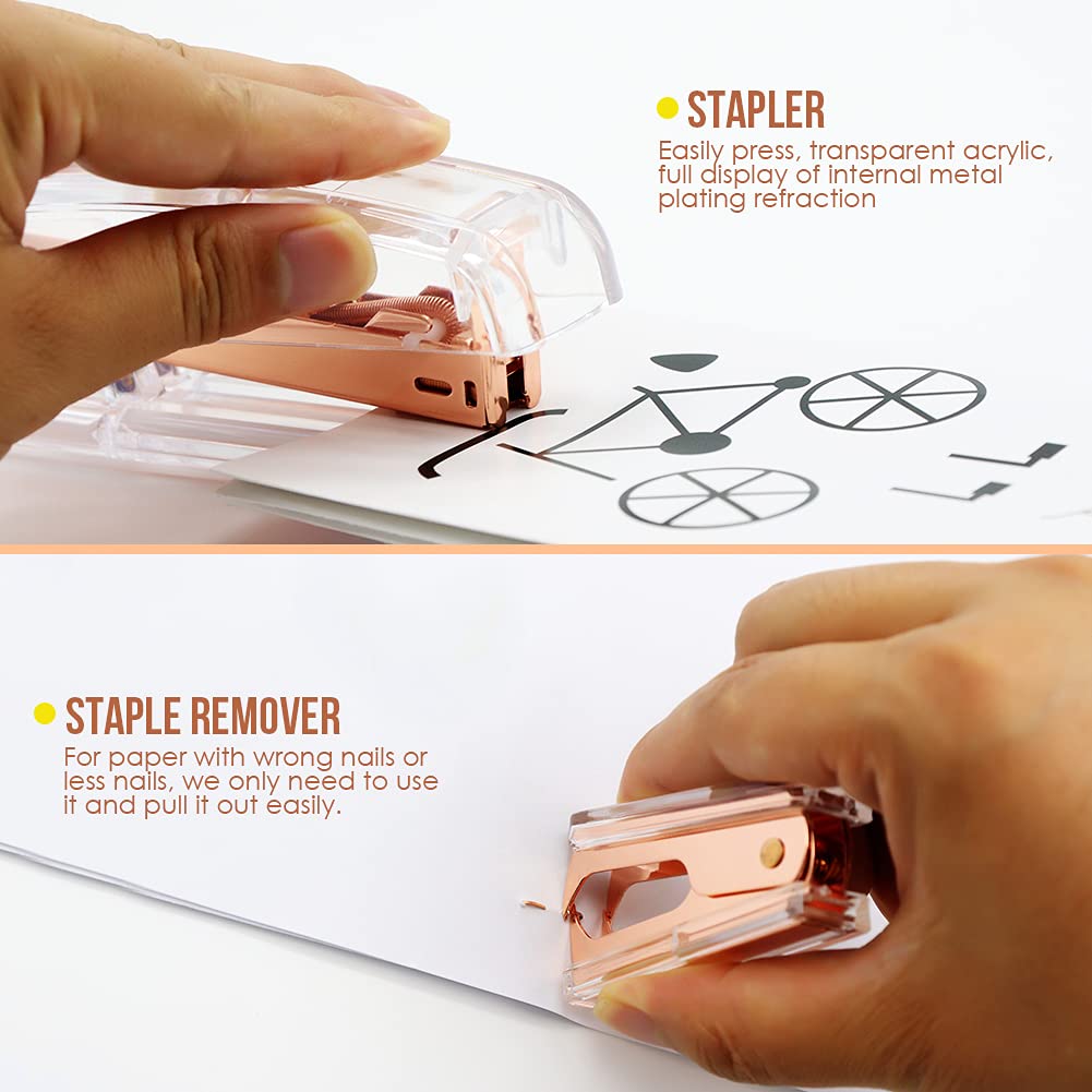 Rose Gold Office Supplies Desk Accessories Set - Acrylic Clear Stapler, Staple Remover, 1000 Staples, 72 Binder Clips & Paper Clips Push Pins - Perfect for Home, School & Office Organization (Great Gift Idea)