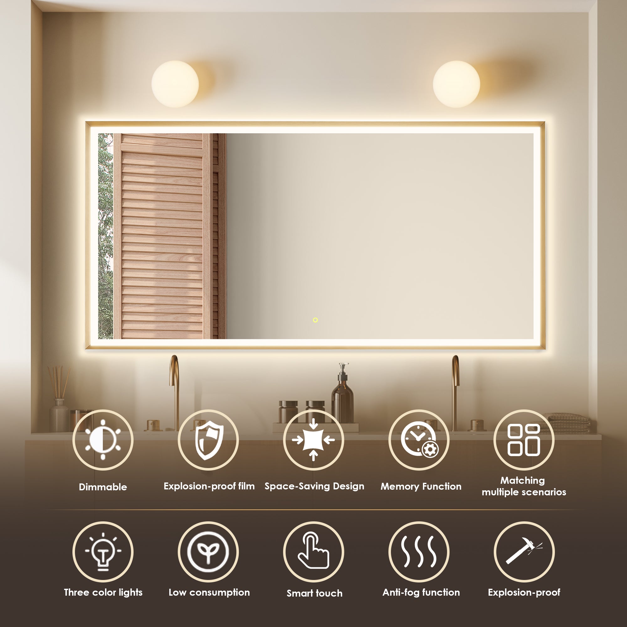 Apollo Rectangular Anti-Fog Dimmable LED Bathroom Mirror - Modern Vanity Wall Mirror with Aluminum Frame - Perfect for Makeup, Shaving & Home Decor