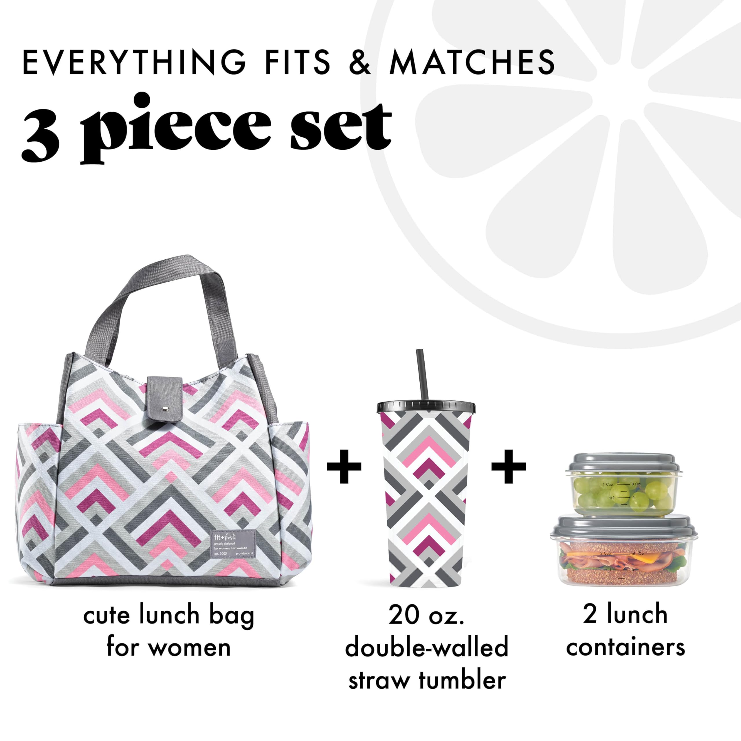 Fit & Fresh Insulated Lunch Bag for Women - Leakproof & Stain-Resistant Large Lunch Box with Containers & Matching Tumbler - Perfect for Work, Office, School, Picnics & Travel - Snap Closure Westport Bag in Magenta