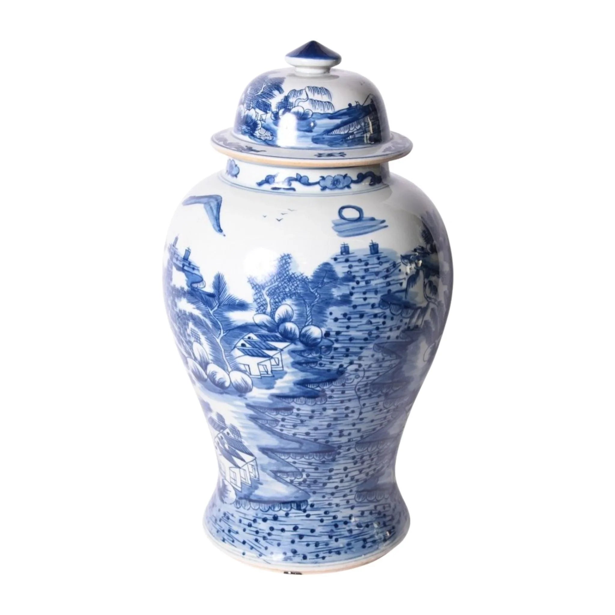 Blue and White Porcelain Ginger Jar with Hand-Painted Landscape Design - Elegant Home Decor for Living Room, Bedroom & Office