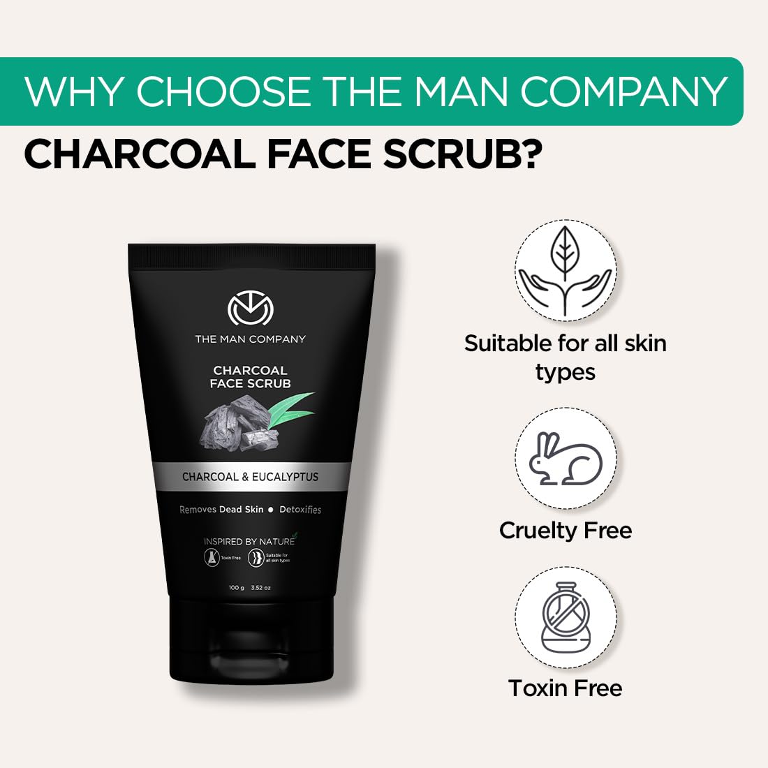 The Man Company Charcoal Tan Removal Face Scrub for Men - Deep Cleansing Exfoliator for Glowing Skin | Anti Acne & Blackhead Remover for Oily & Combination Skin | 100g Travel-Friendly Tube | Perfect for Daily Skincare Routine & Post-Shave Care