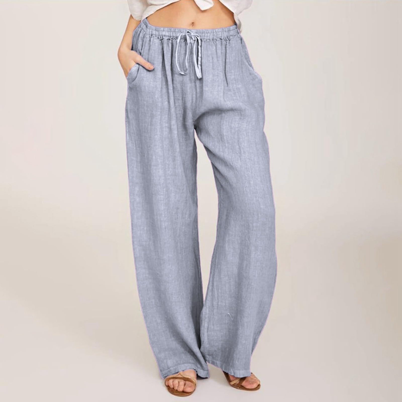 Women's Summer Linen Cotton Pants - High Waisted Drawstring Wide Leg Trousers for Casual Wear | Loose Fit Comfortable Lounge Pants for Beach, Travel & Everyday Outfits