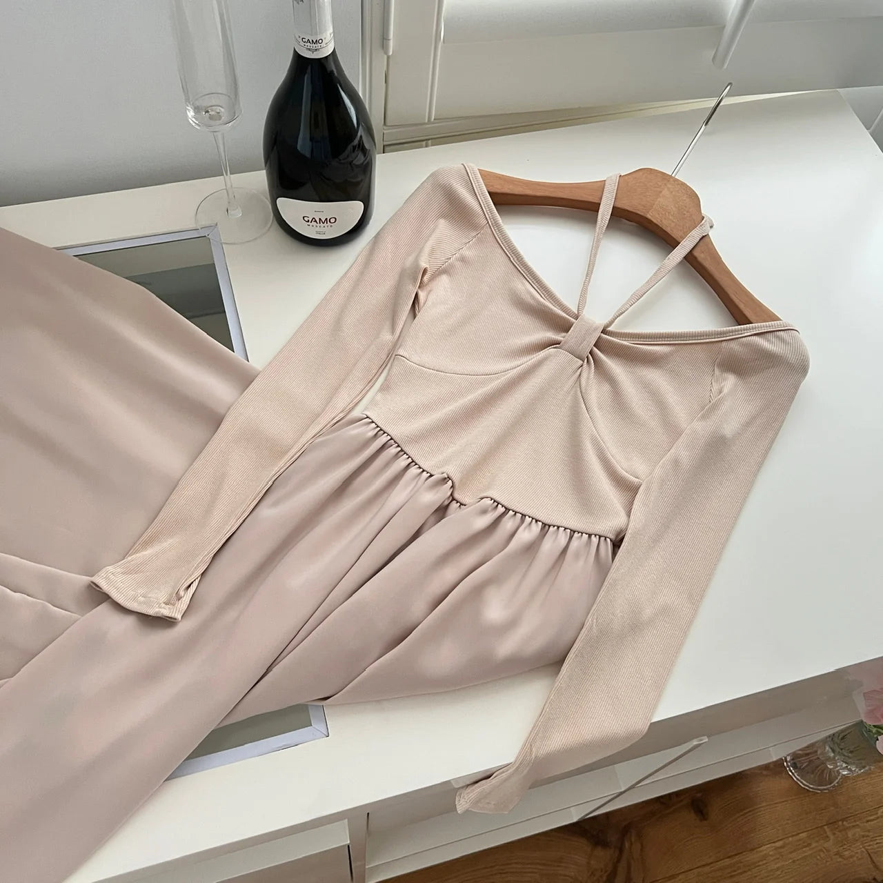 Elegant Khaki Long Sleeve High Waist Pleated Dress for Women - Korean Style Backless Round Neck Halter Lace Up Dress - Perfect for Fall Fashion, Date Nights & Casual Outings