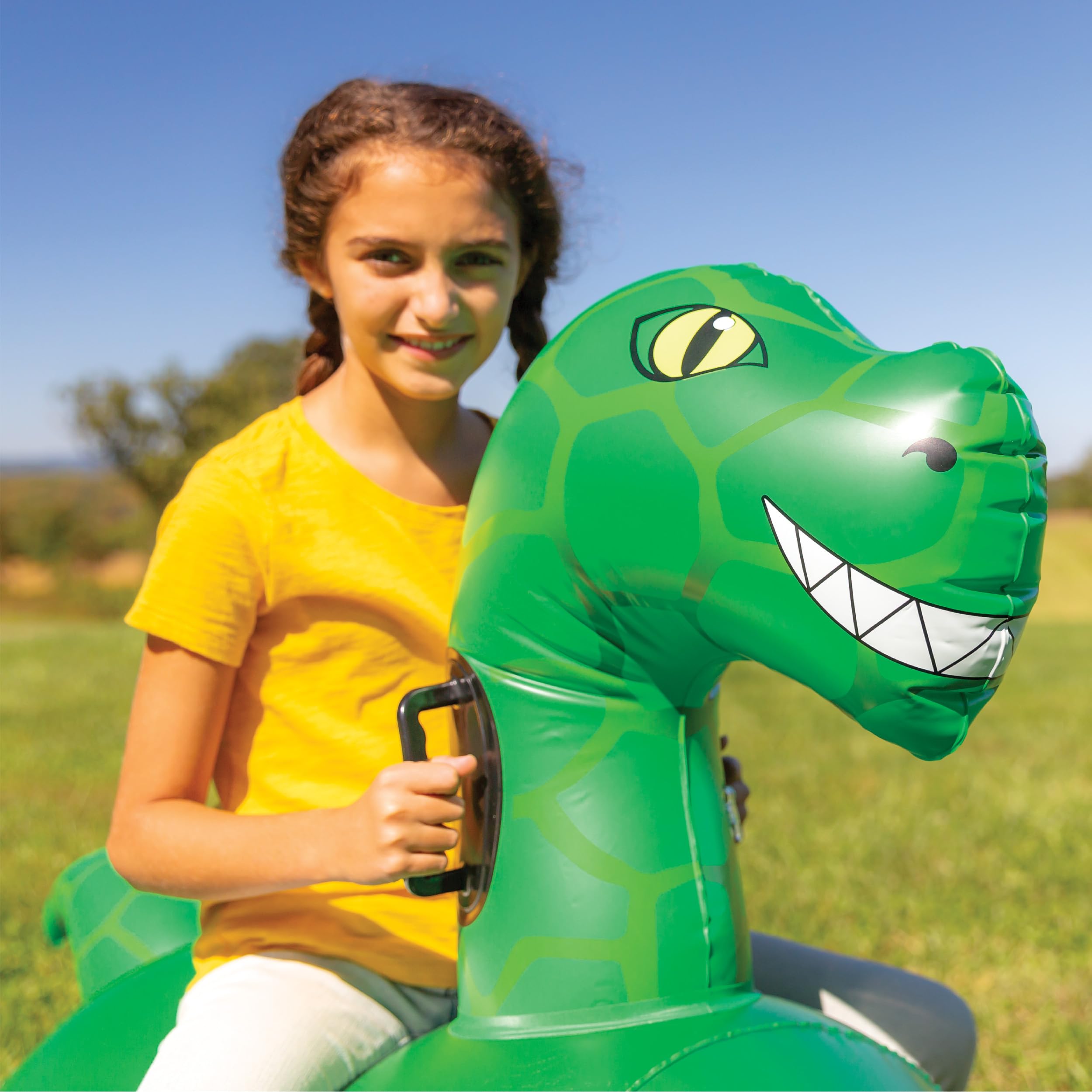 **Hearthsong Hop N Go Inflatable Dinosaur Ride-On Bouncer for Kids Ages 5+ - Outdoor Jumping Hopper Toy for Backyard Play, Birthday Parties & Active Playtime**