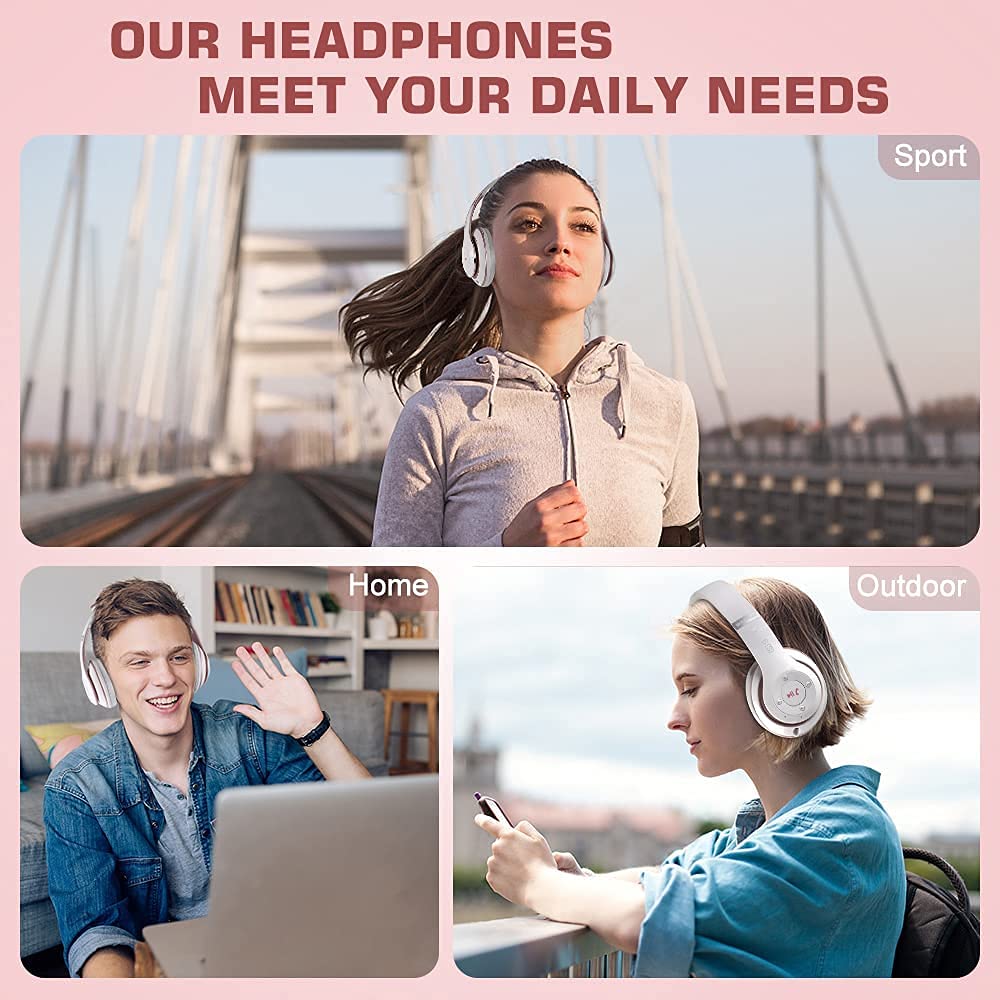 6S Wireless Bluetooth Headphones Over Ear - Hi-Fi Stereo Foldable Headset with Built-in Mic & Volume Control for iPhone/Android/PC - Perfect for Travel, Workout & Gaming (White & Rose Gold)