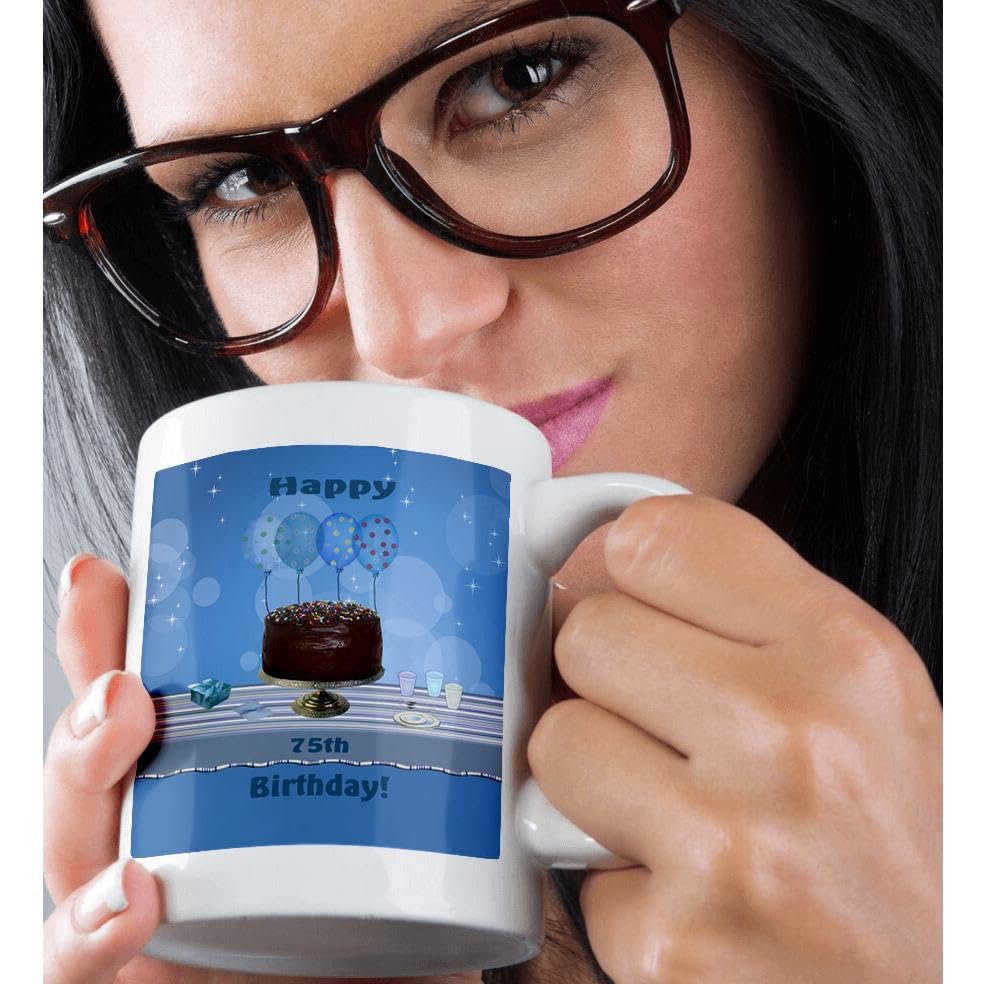 3dRose 75th Birthday Party Mug with Chocolate Cake & Blue Balloons Design - Ceramic Coffee Cup for Anniversary Celebrations, Gift Ideas & Office Use (mug_123961_1)