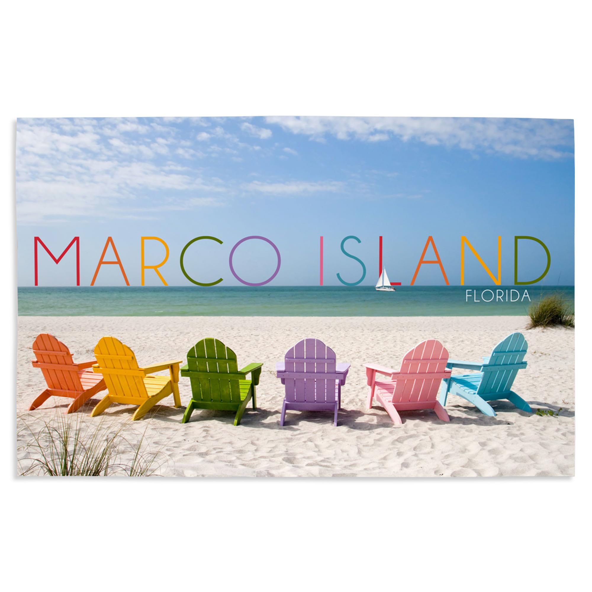 Lantern Press 16x24 Inch Giclee Art Print - Marco Island Florida Beach Scene with Colorful Chairs - Coastal Wall Decor for Living Room, Bedroom & Office