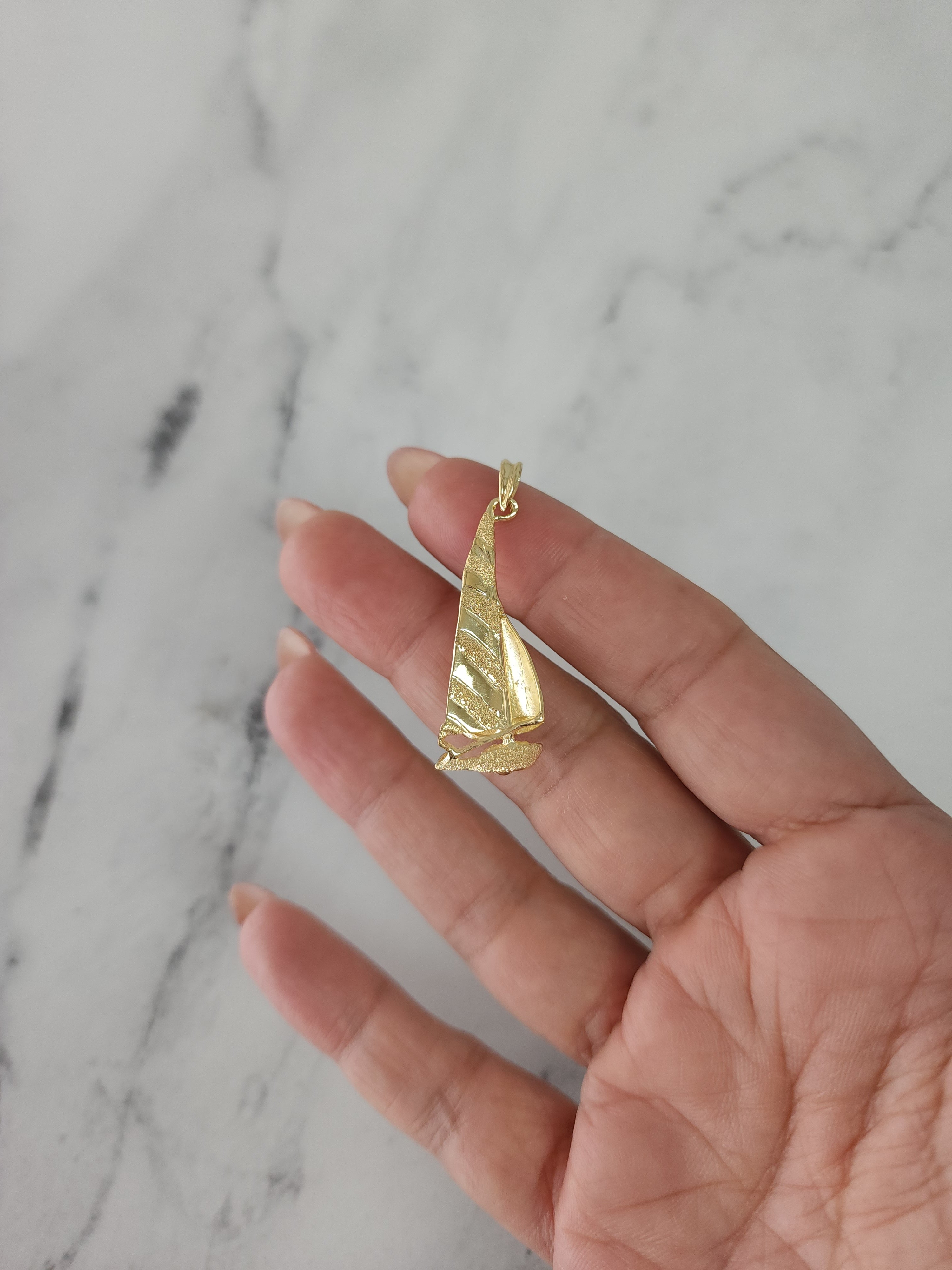 14k Yellow Gold Polished & Sand Textured Sailboat Pendant Necklace - Perfect for Nautical Lovers, Beach Weddings & Summer Fashion Accessories