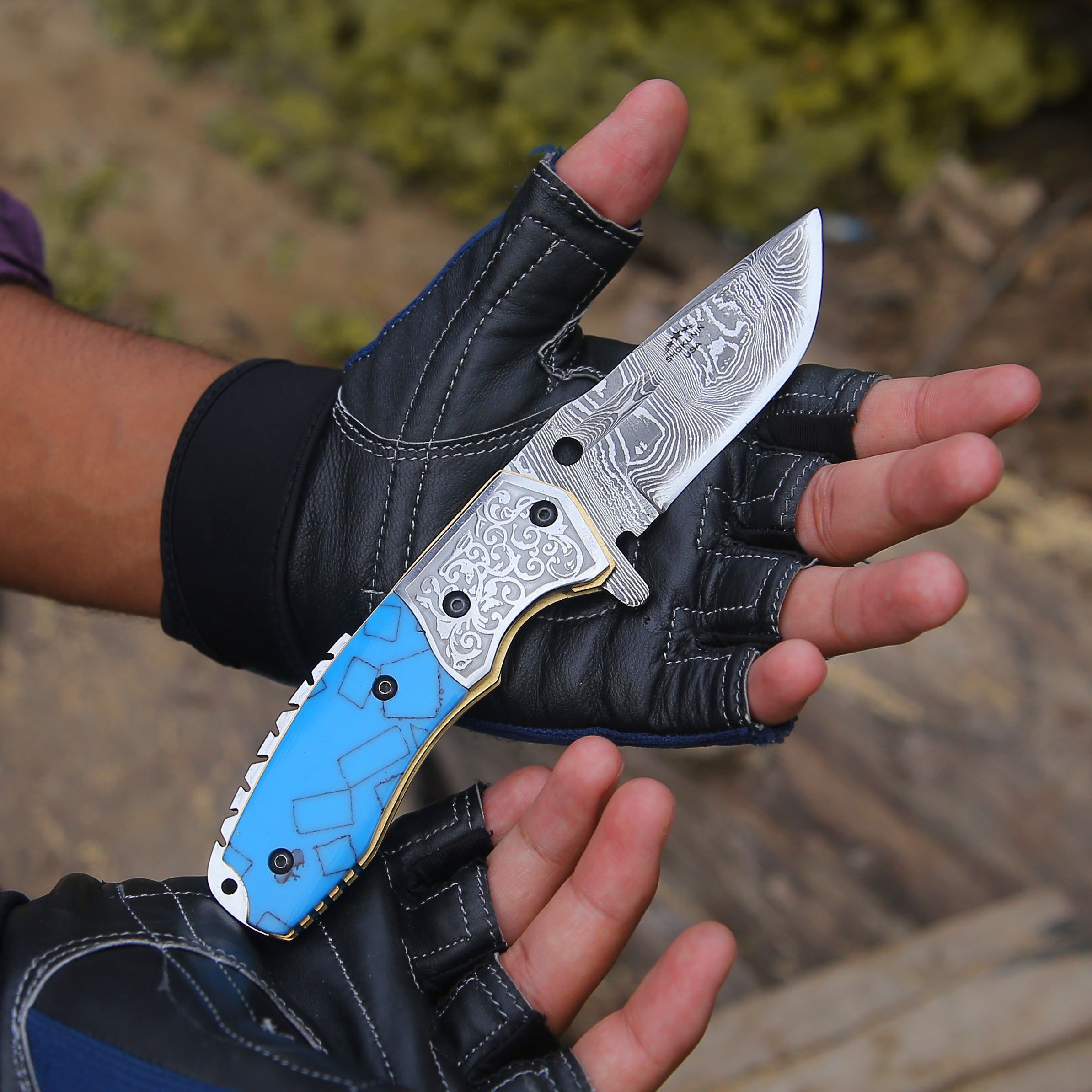 Premium Damascus Steel Folding Knife with Turquoise Resin Handle - EDC Pocket Knife for Camping, Hiking & Outdoor Adventures