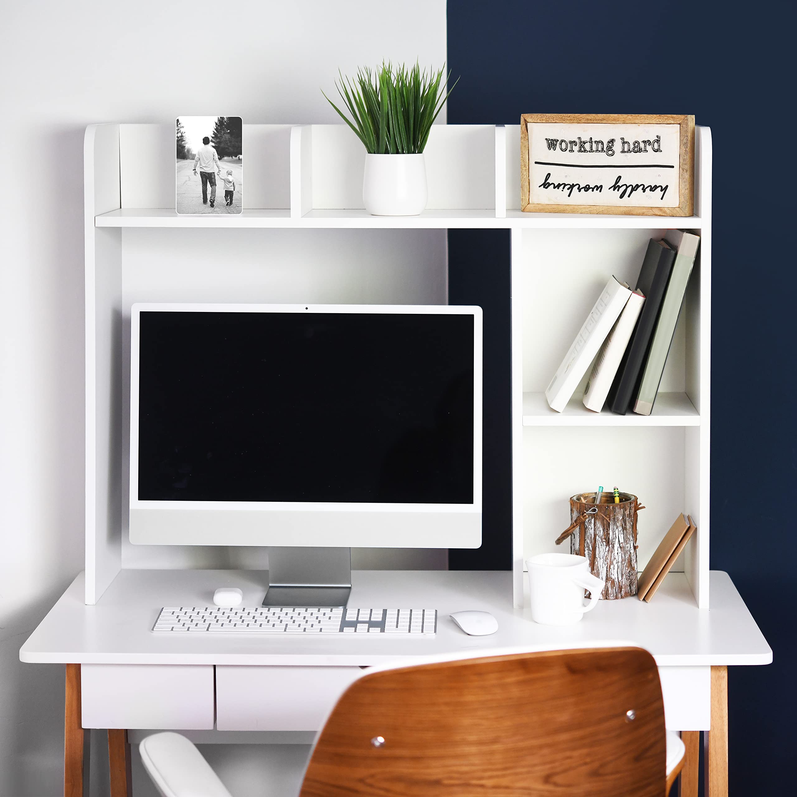 GlossyEnd Sturdy & Elegant White Wooden Dorm Desk Bookshelf Organizer - Office & College Desktop Storage for Books, Supplies & Decor | Perfect for Small Spaces, Dorm Rooms & Home Offices