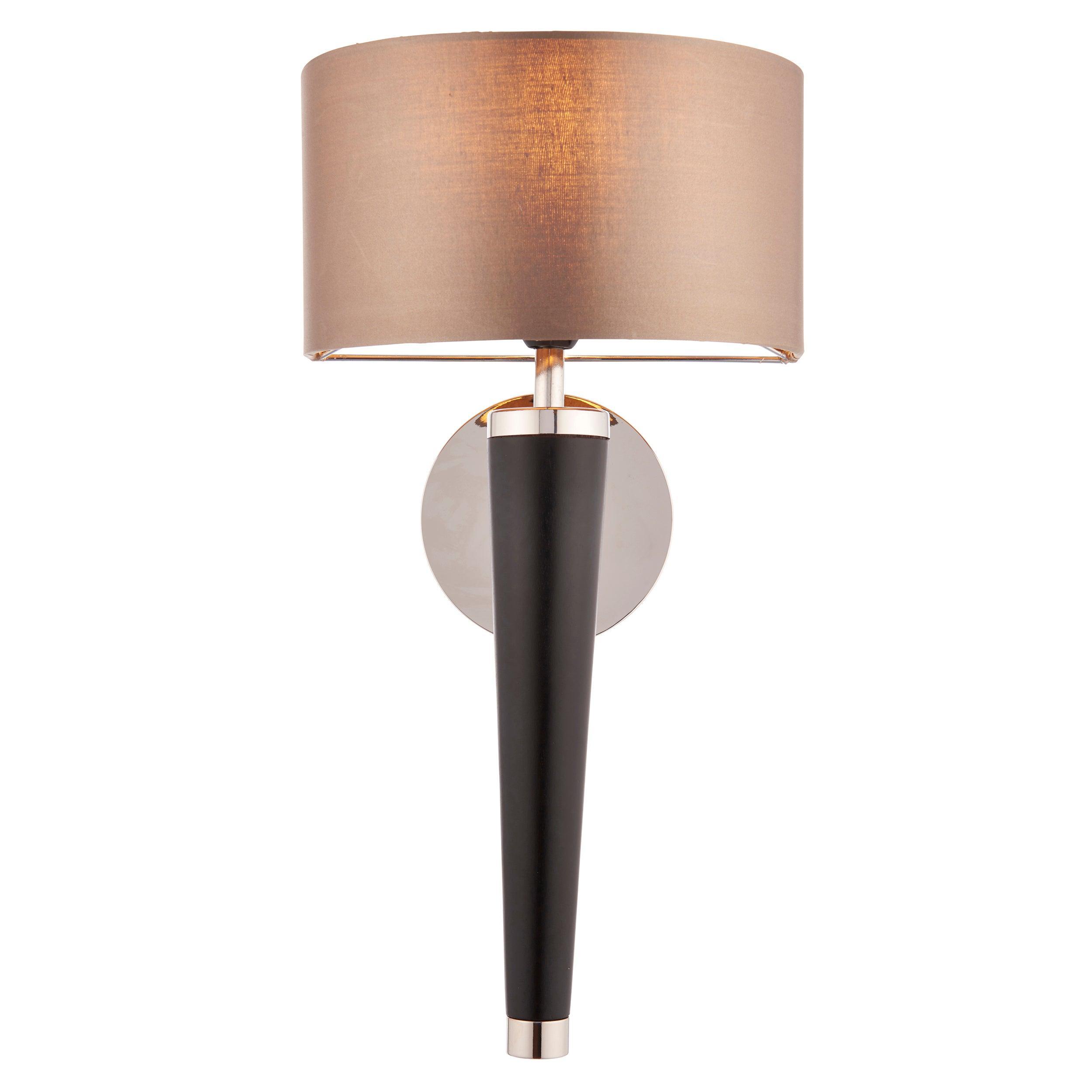 Corvina Walnut Effect Wood & Mink Faux Silk Wall Light - Elegant Home Decor Lighting for Bedroom, Living Room, and Hallway