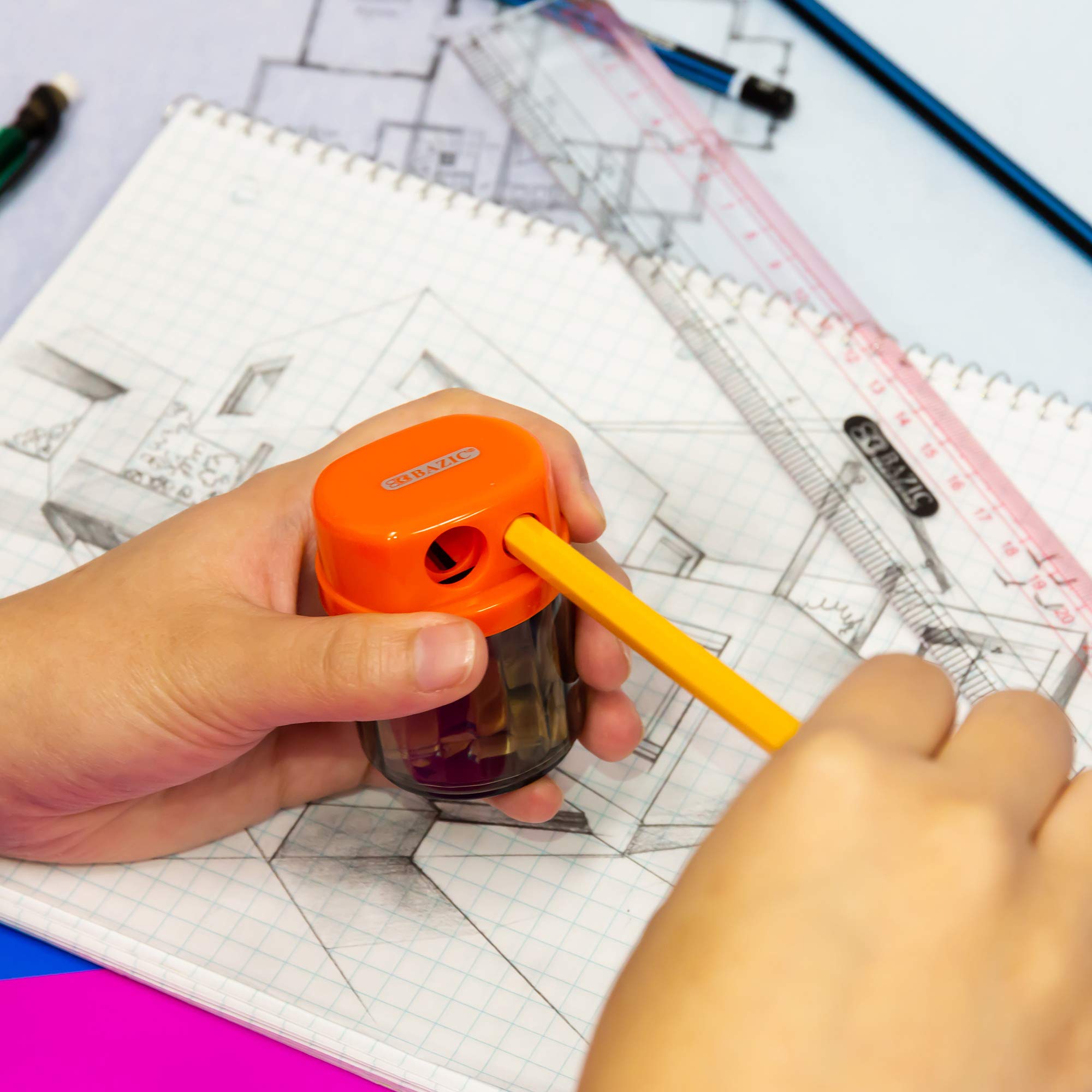 BAZIC Dual Blade Pencil Sharpener with Receptacle - Works with Standard & Jumbo Pencils, Crayons - 24-Pack for Office, School, Art Class & Home Use