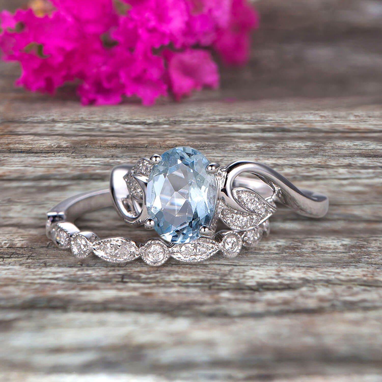 1.50 Carat Oval Aquamarine & Moissanite Wedding Ring Set in 10K White Gold - Vintage Art Deco Bridal Stacking Rings for Engagement, Anniversary & Special Occasions