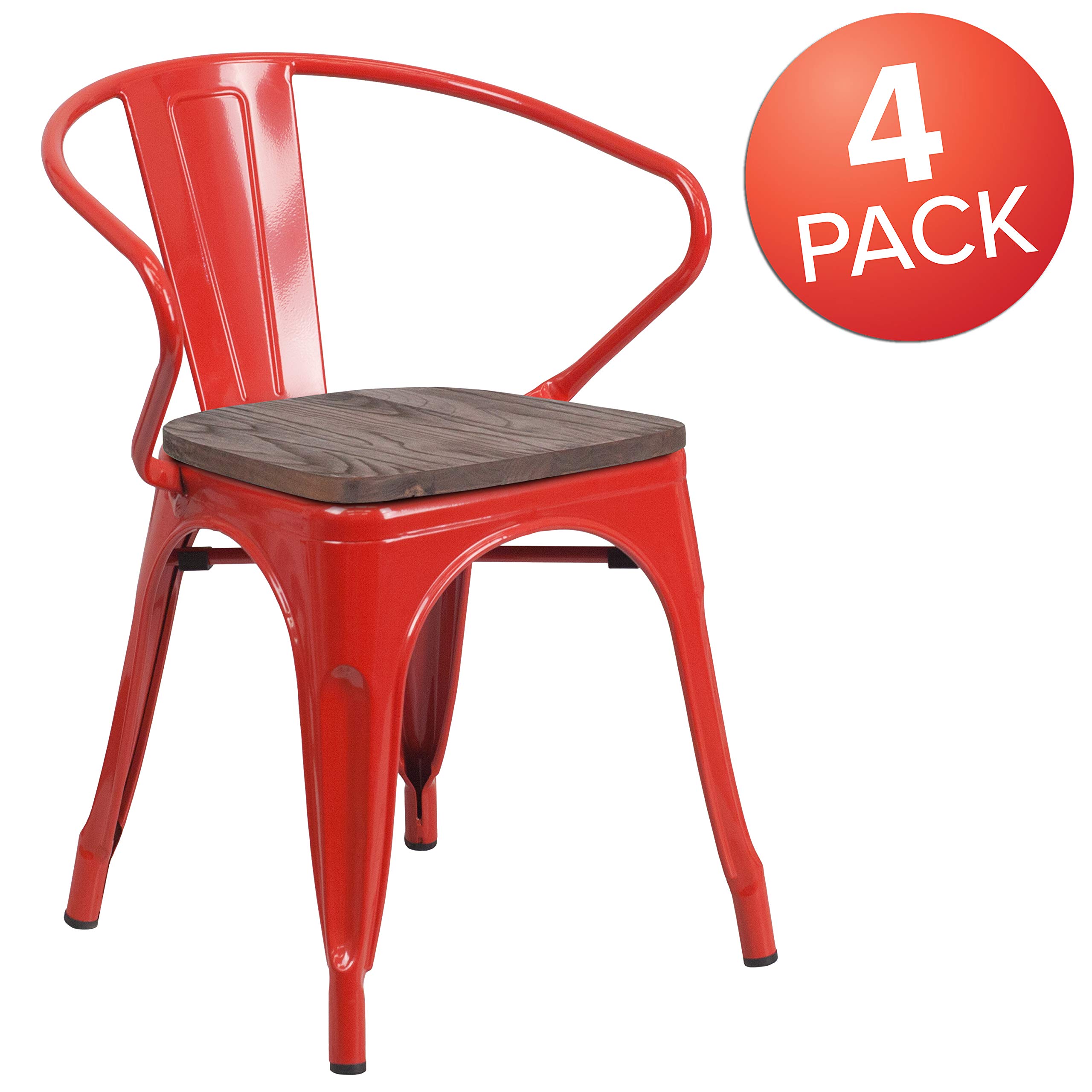 4 Pack Red Metal Chairs with Wooden Seats & Arms - Durable Restaurant & Cafe Furniture for Indoor & Outdoor Dining, Patio, Bistro, and Home Decor