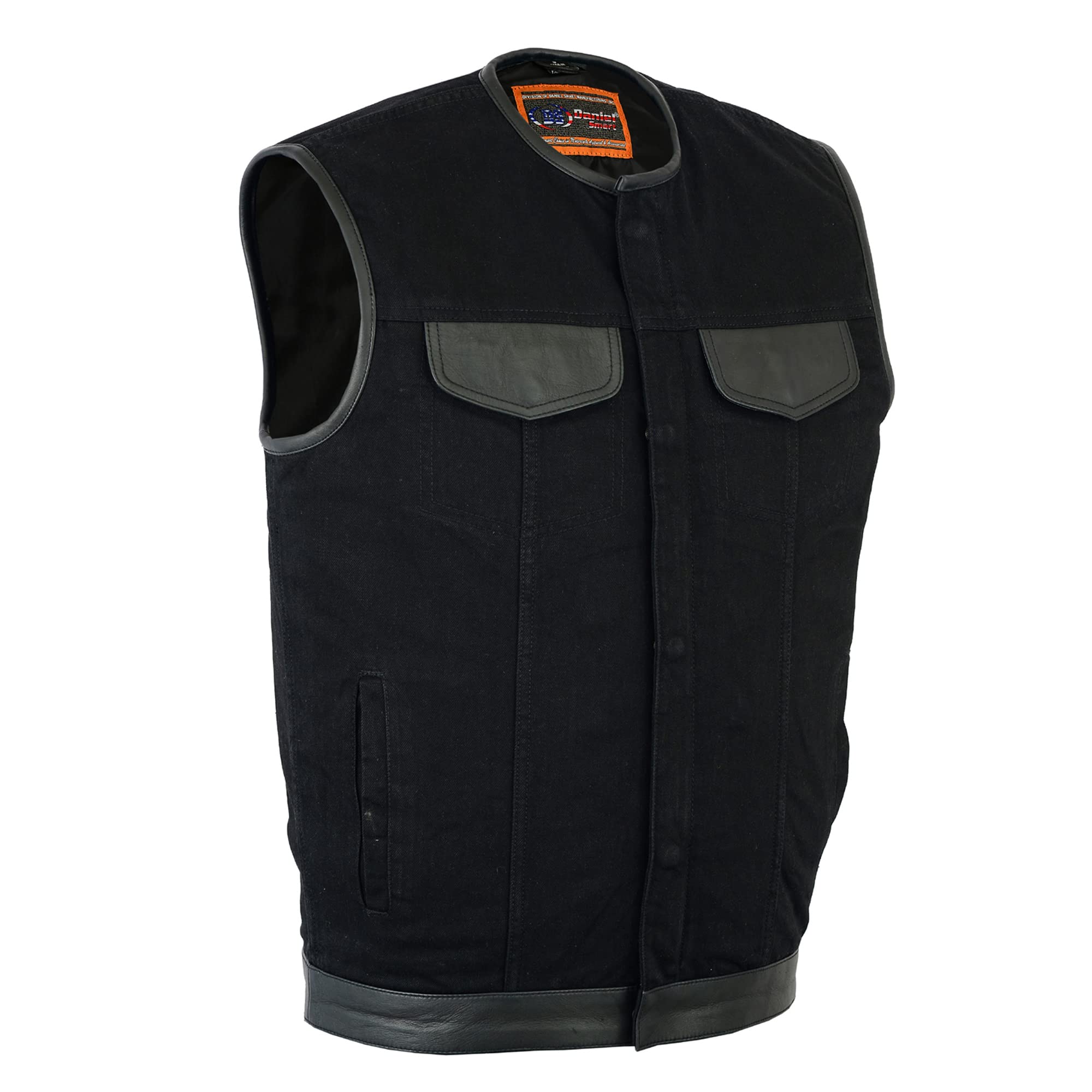 Daniel Smart Men's Black Denim Leather Trim Motorcycle Vest with Conceal Carry Pocket - Stylish Biker Jacket for Riding, Outdoor Adventures & Casual Wear