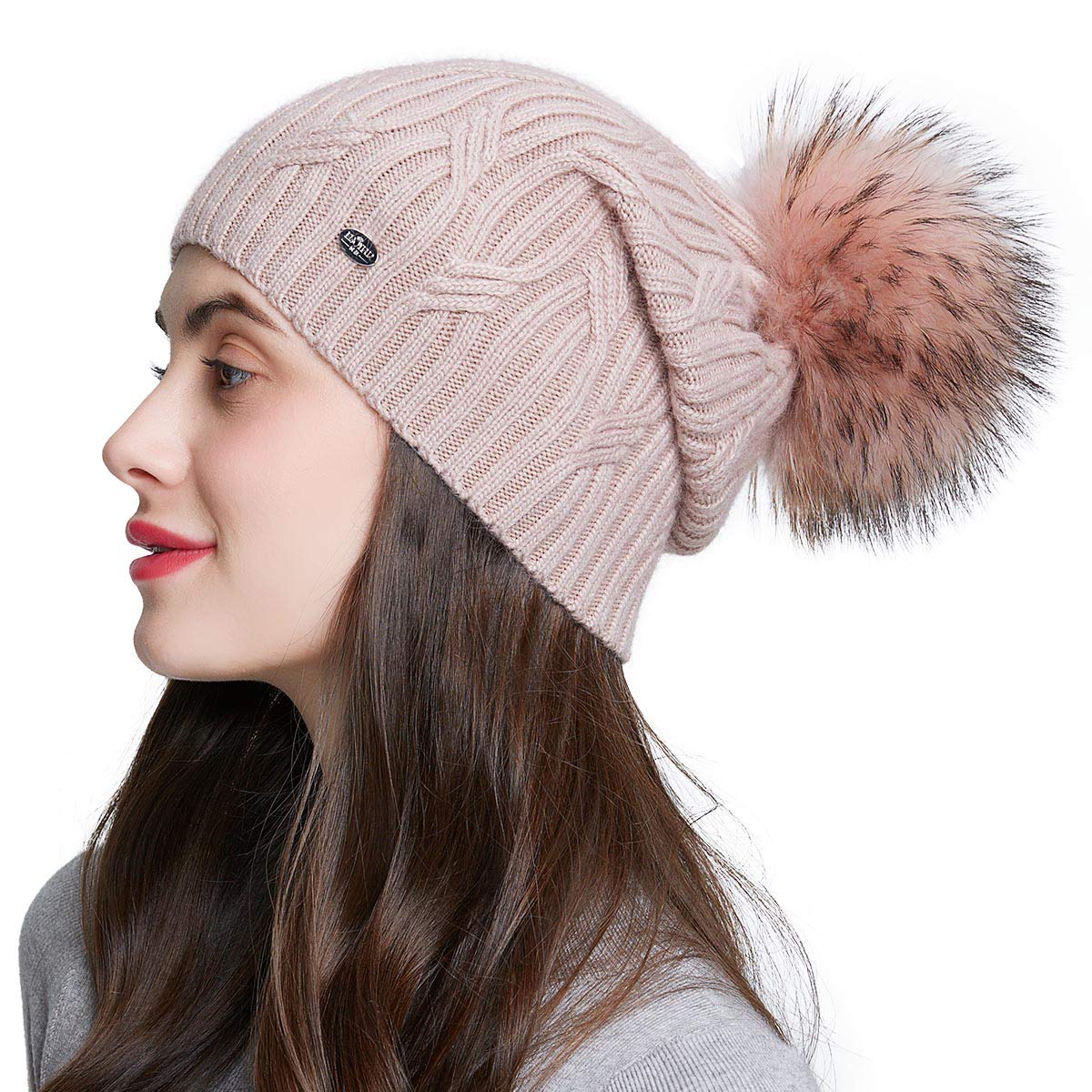 Women's Winter Fur Pom Pom Beanie Hat - Warm Knitted Wool Ski Cap with Cuff for Cold Weather - Perfect for Skiing, Snowboarding & Outdoor Activities