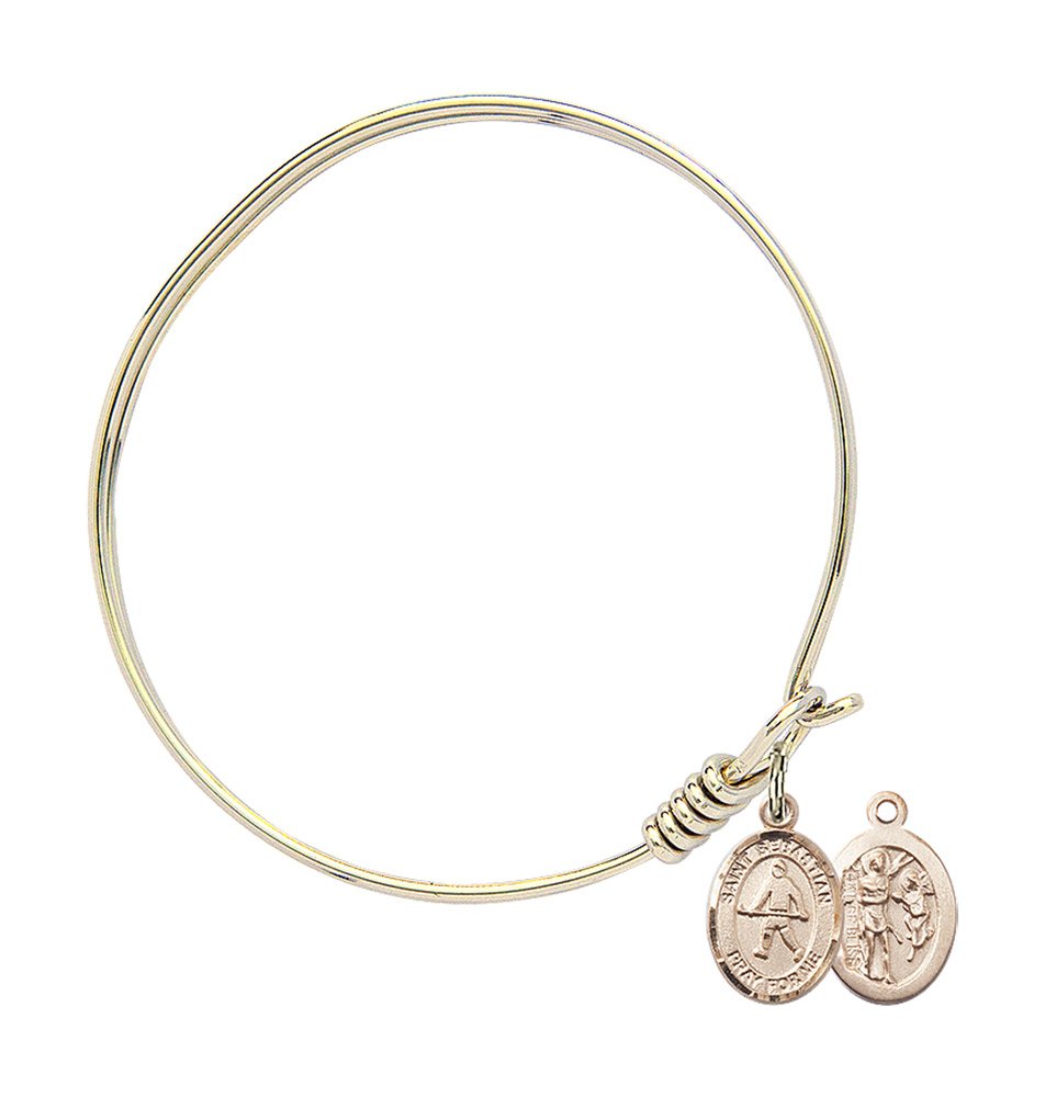 Round Eye Hook Bangle Bracelet with St. Sebastian & Field Hockey Charm in Gold-Filled - Perfect for Sports Enthusiasts & Religious Jewelry Lovers