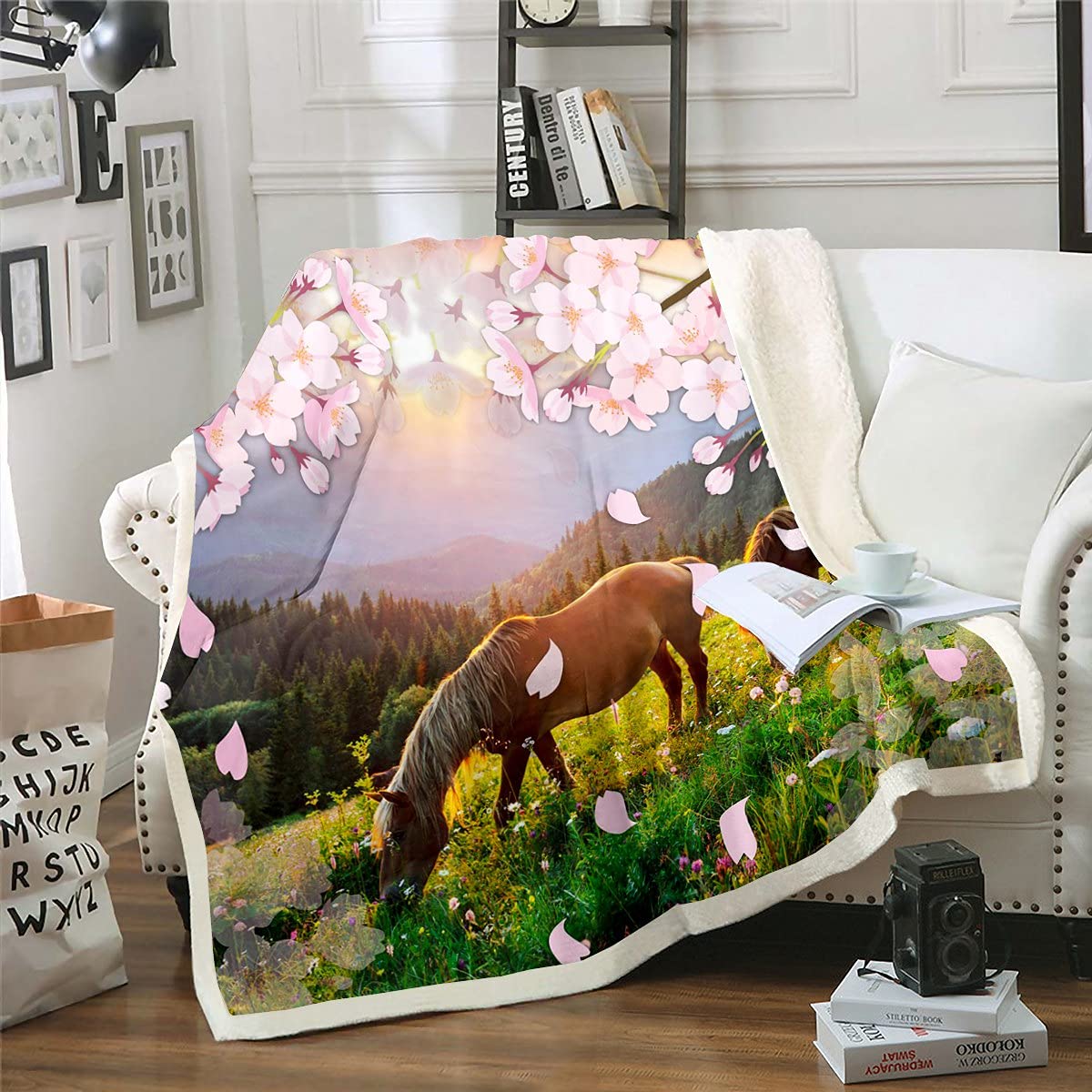 **Pink Cherry Blossom Horse Fleece Blanket - Soft Sherpa Throw for Kids, Girls & Women - Floral Petal Western Cowboy Design - Cozy Twin Size 60