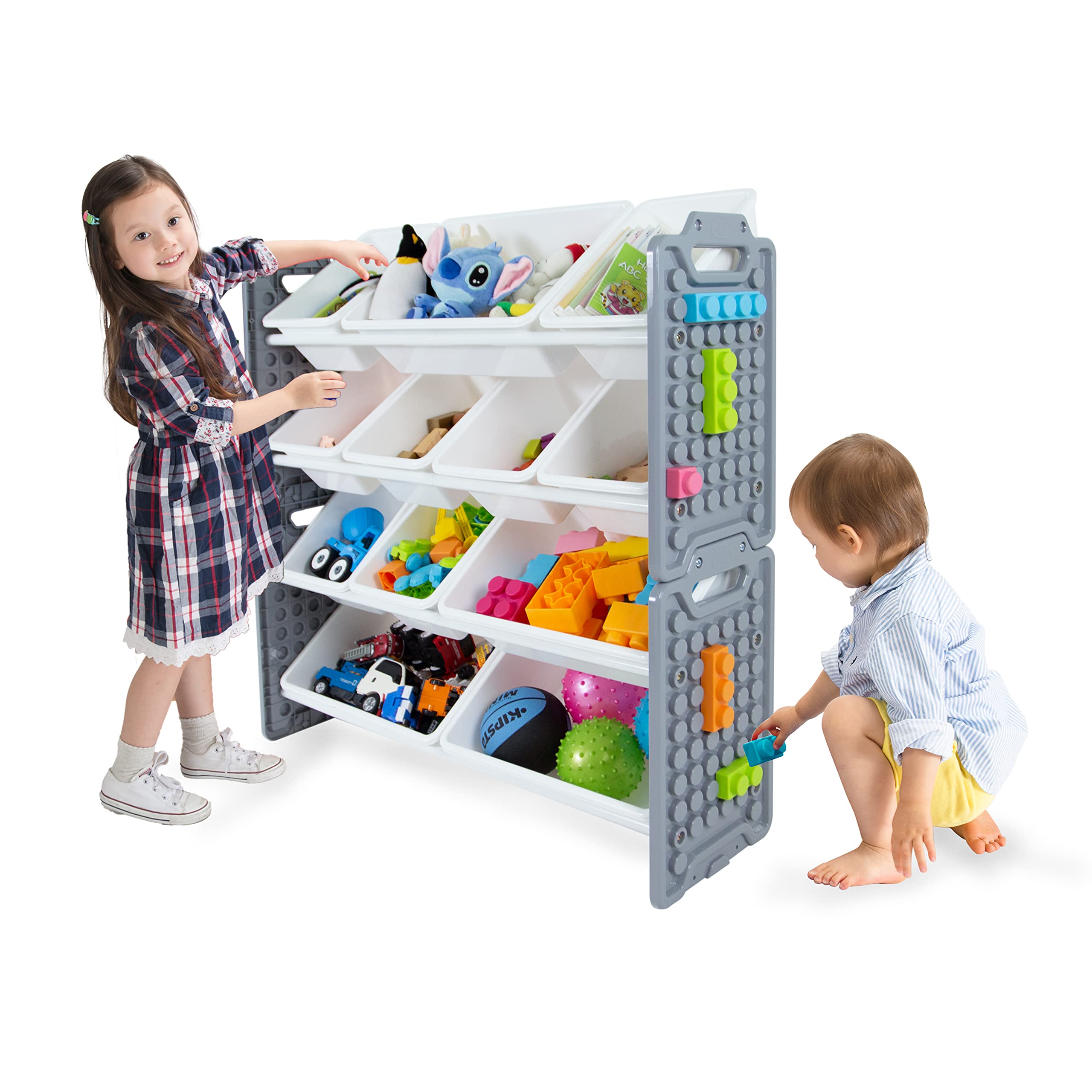 UNiPLAY 12-Bin Toy Organizer with Removable Storage Bins - Kids Bookshelf & Playroom Organizer for LEGO Blocks, School Supplies, Toys - Sturdy Baseplate Frame (Gray) - Perfect for Playrooms, Classrooms & Home Organization