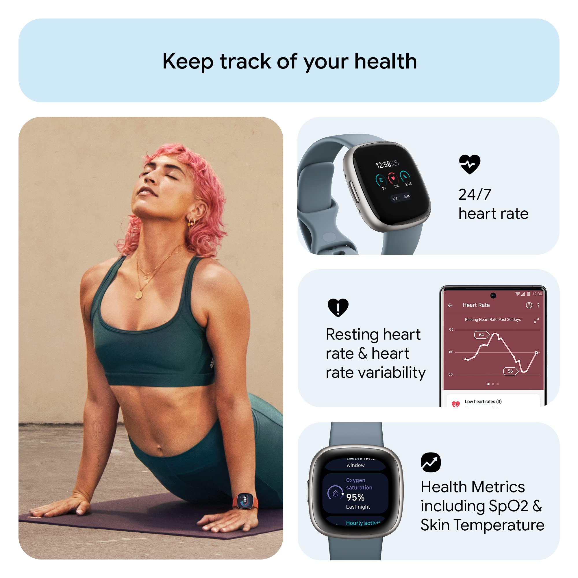 Fitbit Versa 4 Smart Watch with GPS, Heart Rate Monitor & 40+ Exercise Modes - Waterproof Fitness Tracker for Running, Swimming & Sleep Tracking - Includes S & L Bands (Waterfall Blue/Platinum) - Perfect for Active Lifestyles & Health Monitoring