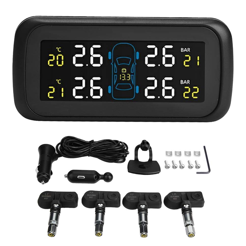 Car TPMS Tire Pressure Monitoring System with 4 Internal Sensors & LCD Display - USB Cigarette Lighter Charger, IP5K4K Waterproof - Real-Time Tire Pressure & Temperature Alert for Safe Driving (SUV/Truck/Car)