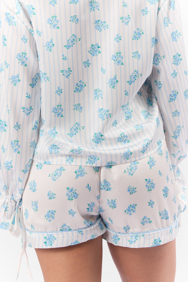 Blue Floral Satin Pajama Shorts for Women - Side Sleeper Comfort Sleepwear | Perfect for Lounging, Travel & Nighttime Relaxation