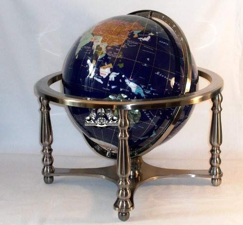 21-Inch Tall Blue Lapis Ocean Gemstone World Globe with Silver Stand - Unique Handcrafted Art Piece for Home, Office Decor & Gift Giving