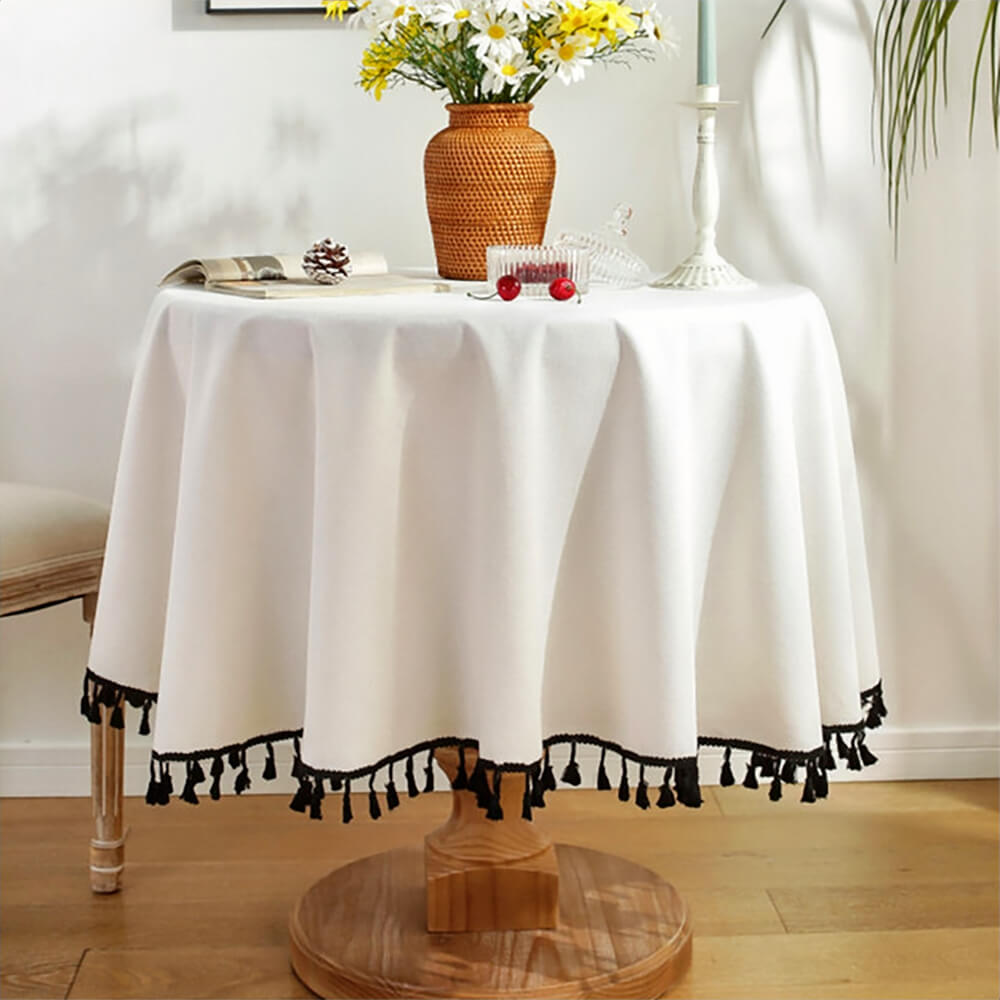 Arkansas Round Tassel Tablecloth - Elegant Lace Trimmed Dining Table Cover for Wedding, Party & Home Decor
