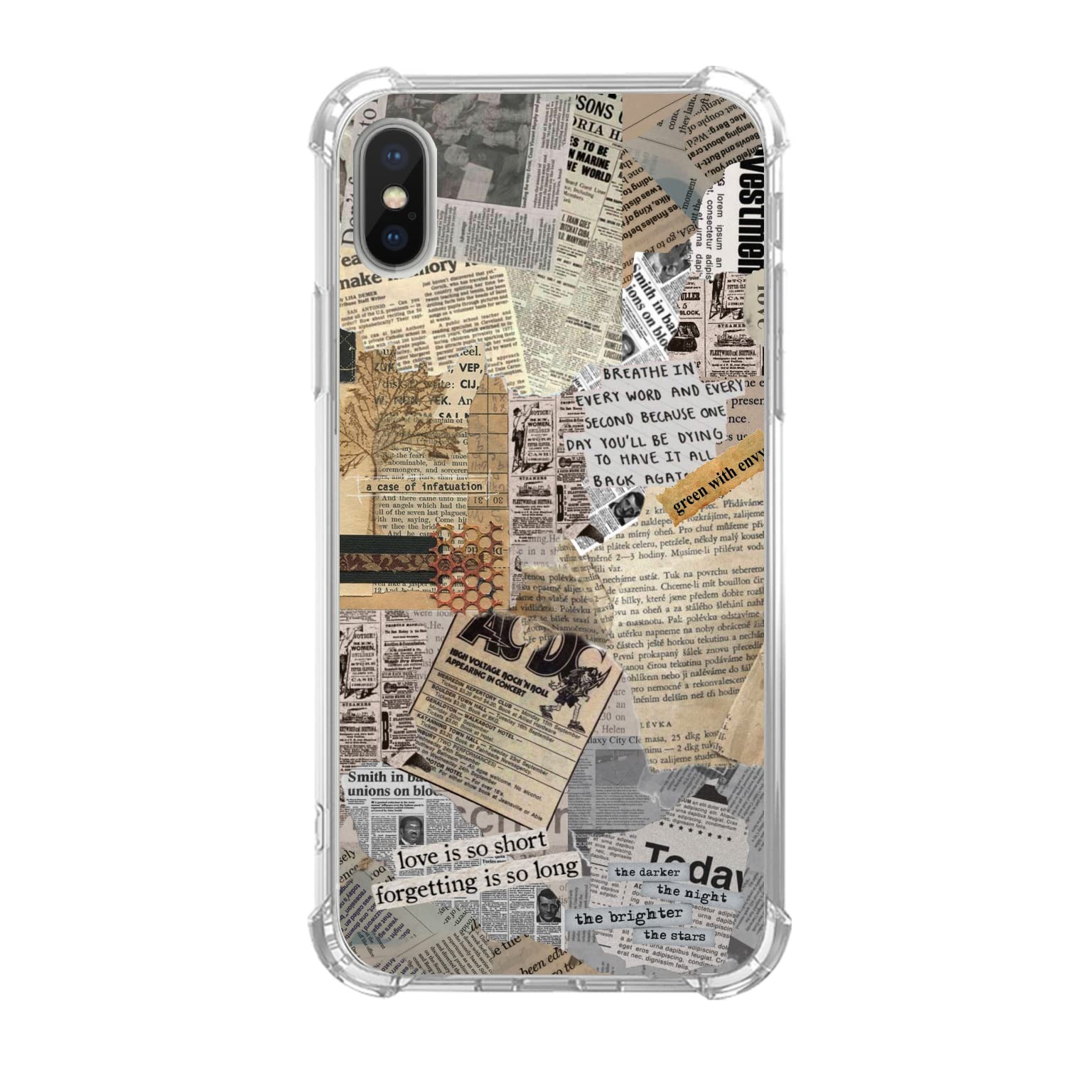 Retro Vintage Newspaper Collage Phone Case Compatible with iPhone Xs/X - Aesthetic Quote Design Soft TPU Bumper Cover for Women Men Teens - Perfect for Daily Use, Travel & Lifestyle Photography