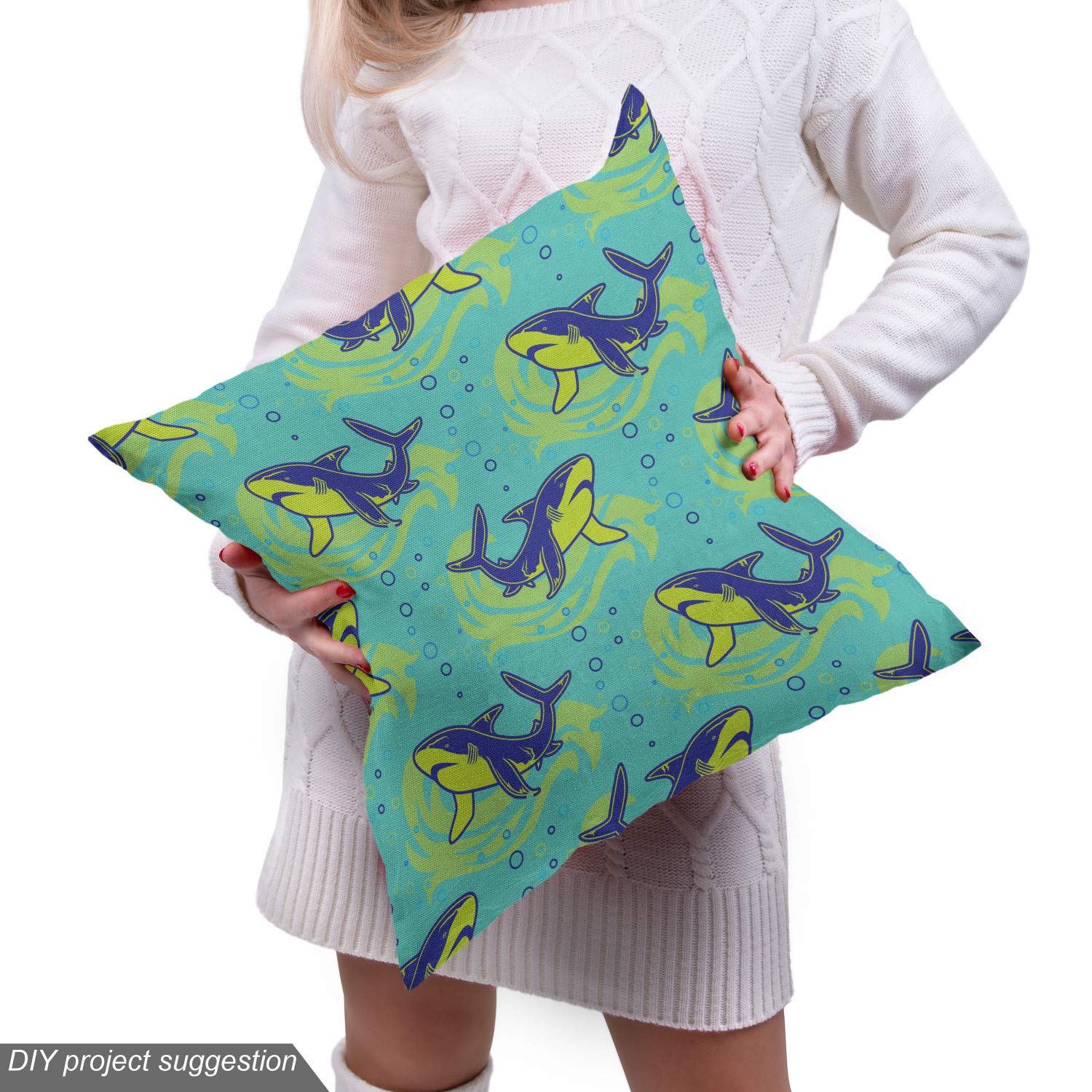Ambesonne Deep Sea Sharks Swimming Ocean Bubbles Fabric by The Yard - 10 Yards Seafoam Green & Indigo Decorative Upholstery Fabric for Sofa, Curtains, Pillows | Underwater Theme Home Decor & Marine Nursery Design