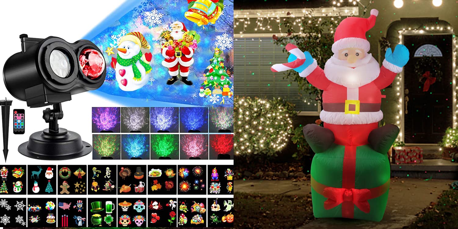 Yokgrass 6 FT Christmas Inflatable Decor with 16 Projector Light Slides & 10 Color Options - Waterproof Outdoor/Indoor Holiday Decorations for Halloween, Xmas, Birthday Parties, and Landscape Lighting | Perfect for Yard, Garden, and Home Holiday Displays