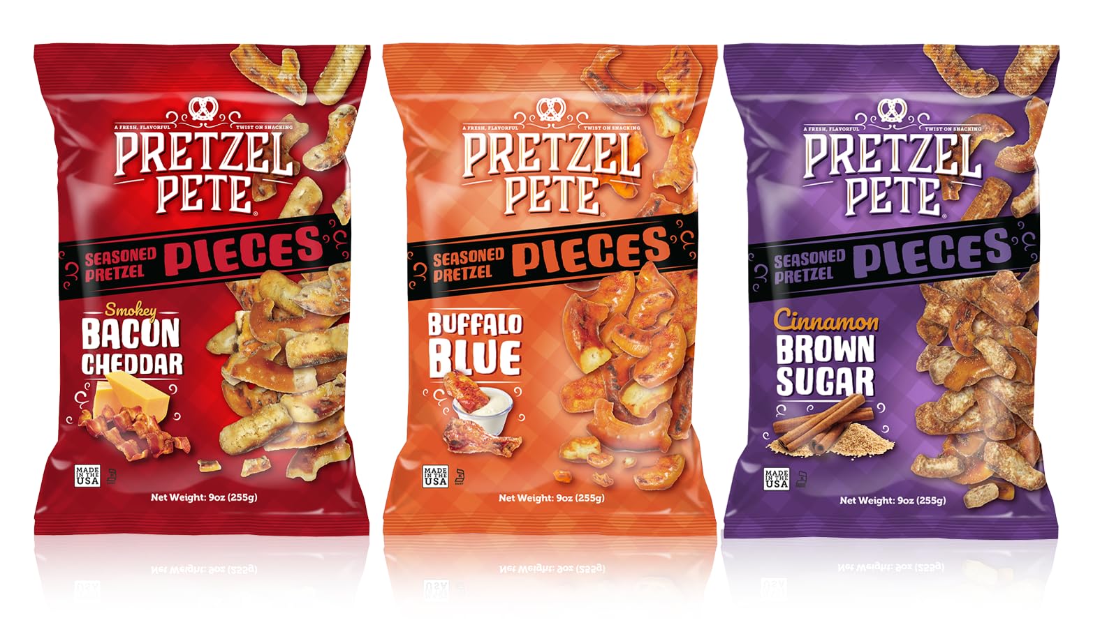 Pretzel Pete Variety Pack - Buffalo Blue Cheese, Smokey Bacon Cheddar & Cinnamon Brown Sugar Seasoned Pretzel Pieces | Non-GMO, Small Batch, Bold Flavors | 9oz (3 Pack) | Perfect for Snacking, Parties & Gifts